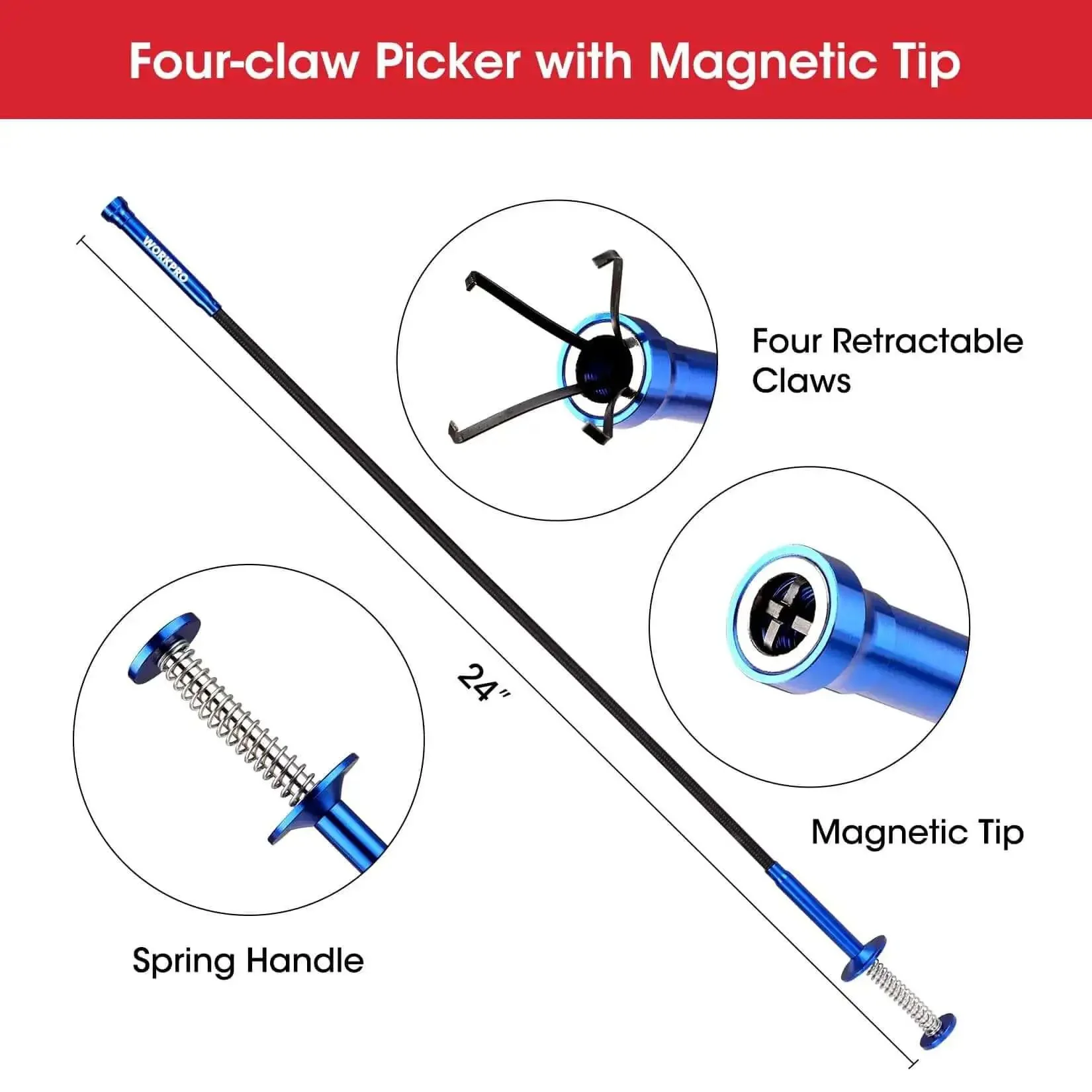 Four Piece Telescoping Magnetic Pick Up Tool Kit With Flexible Grabber A Real Workhorse For Reaching Under Cars Two Magnetic Pick Up Tools 2 Lb And 16 Lb And Four Claw Grabbers Plus Telescoping Inspection Mirror For Auto Repair And Car Maintenance - Image 2
