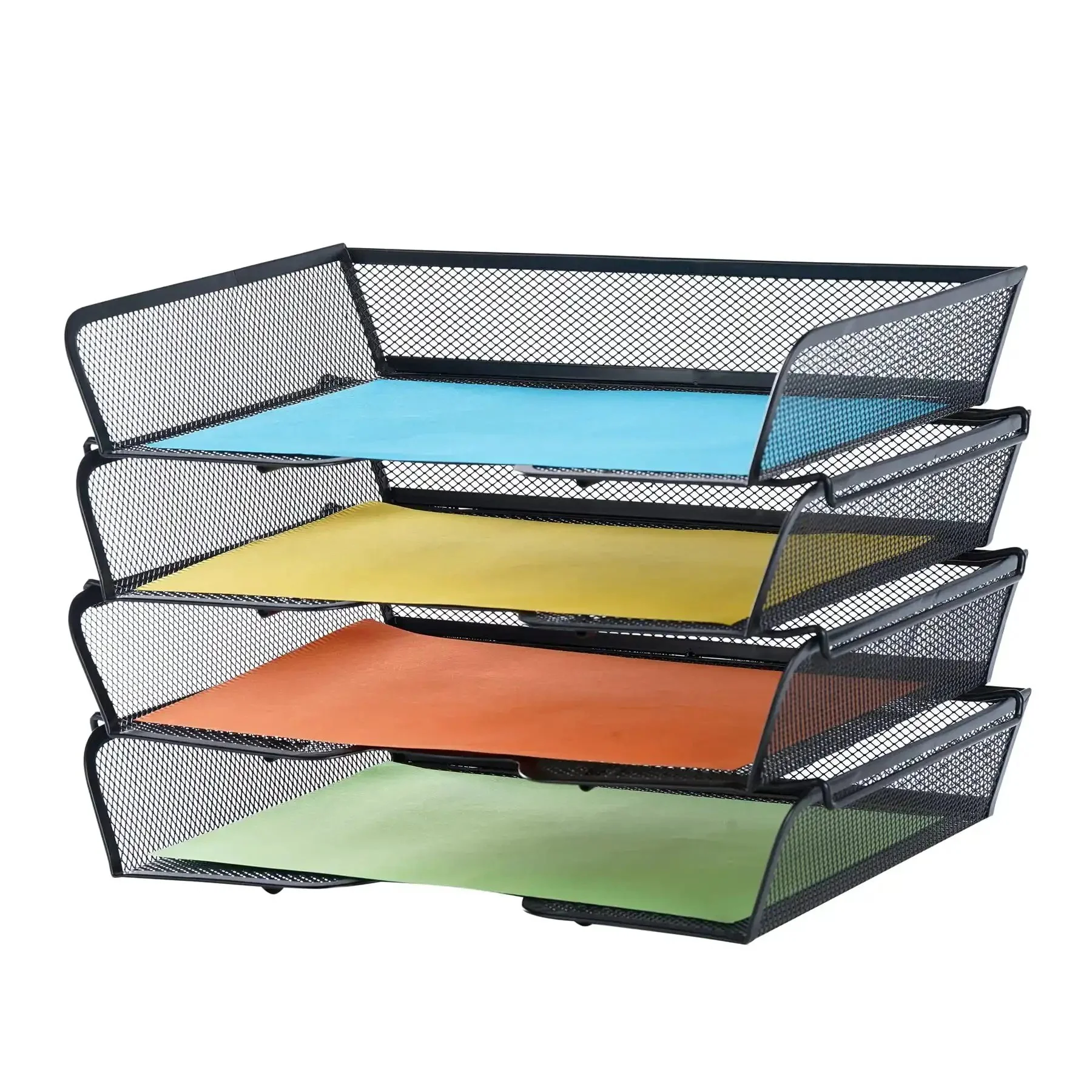 Four Tier Mesh Stackable File Trays For Desk Organization Letter Size Office Paper Organizer Expandable File Storage System In Black Finish Durable Metal Mesh Desktop Organization Set