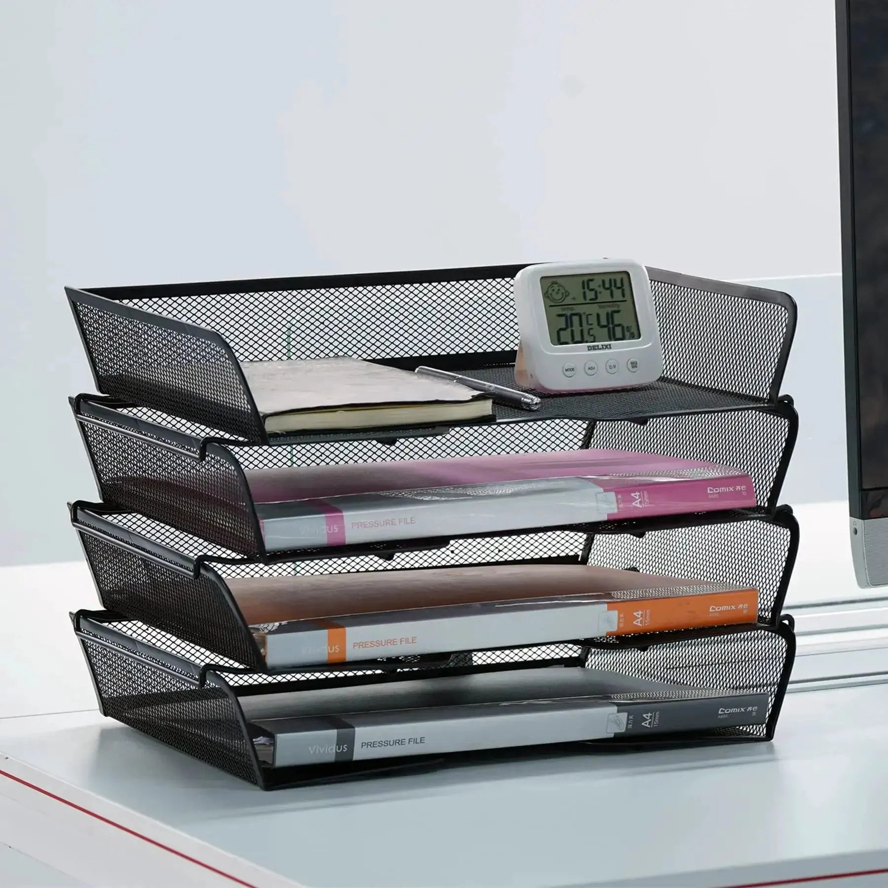 Four Tier Mesh Stackable File Trays For Desk Organization Letter Size Office Paper Organizer Expandable File Storage System In Black Finish Durable Metal Mesh Desktop Organization Set - Image 4