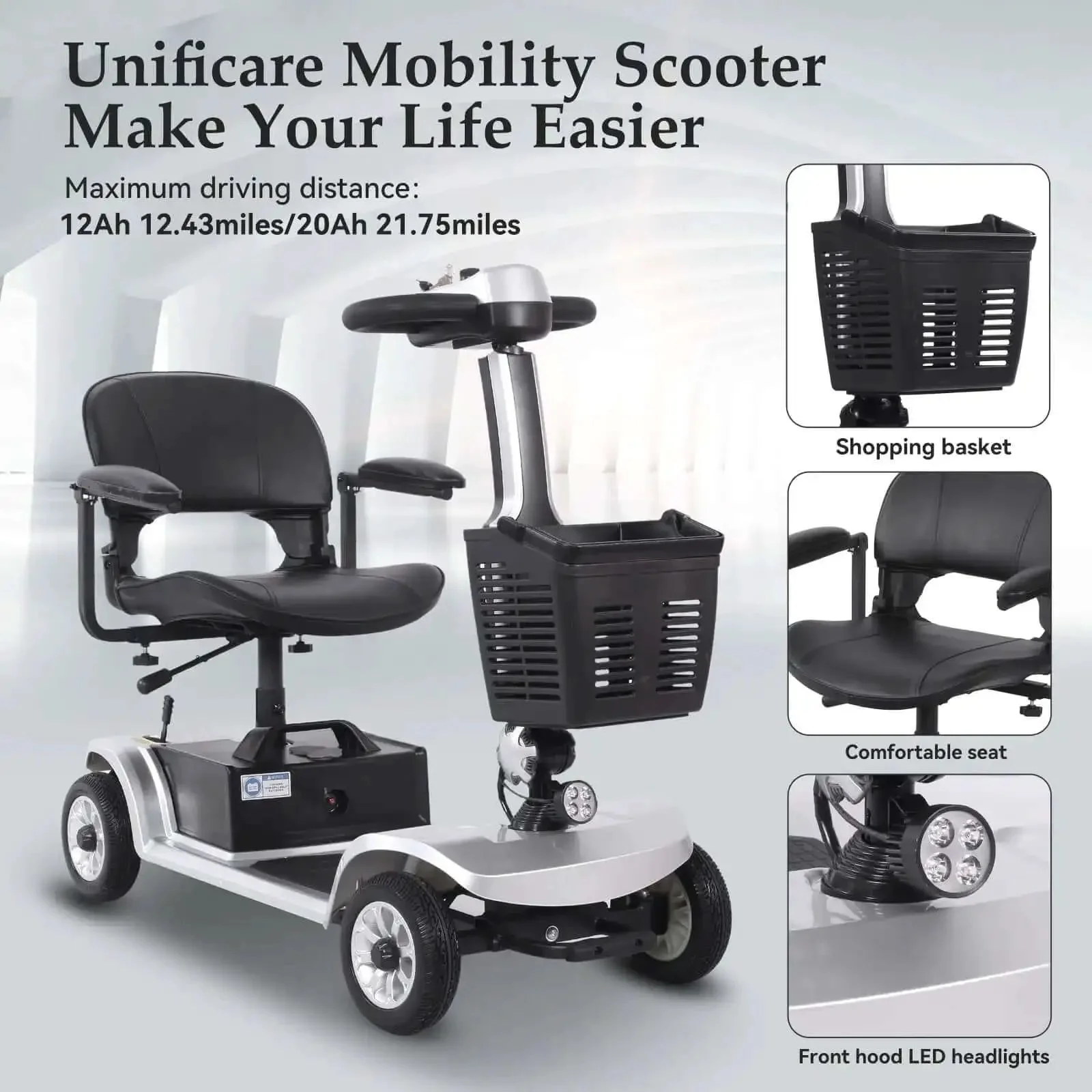 Four Wheel Electric Mobility Scooter For Travel And Everyday Errands With 419 Pound Capacity Foldable Design Rotating 360 Degree Seat Electromagnetic Brake Front Storage Basket UL Certified Safety And Up To 21 Mile Range - Image 3