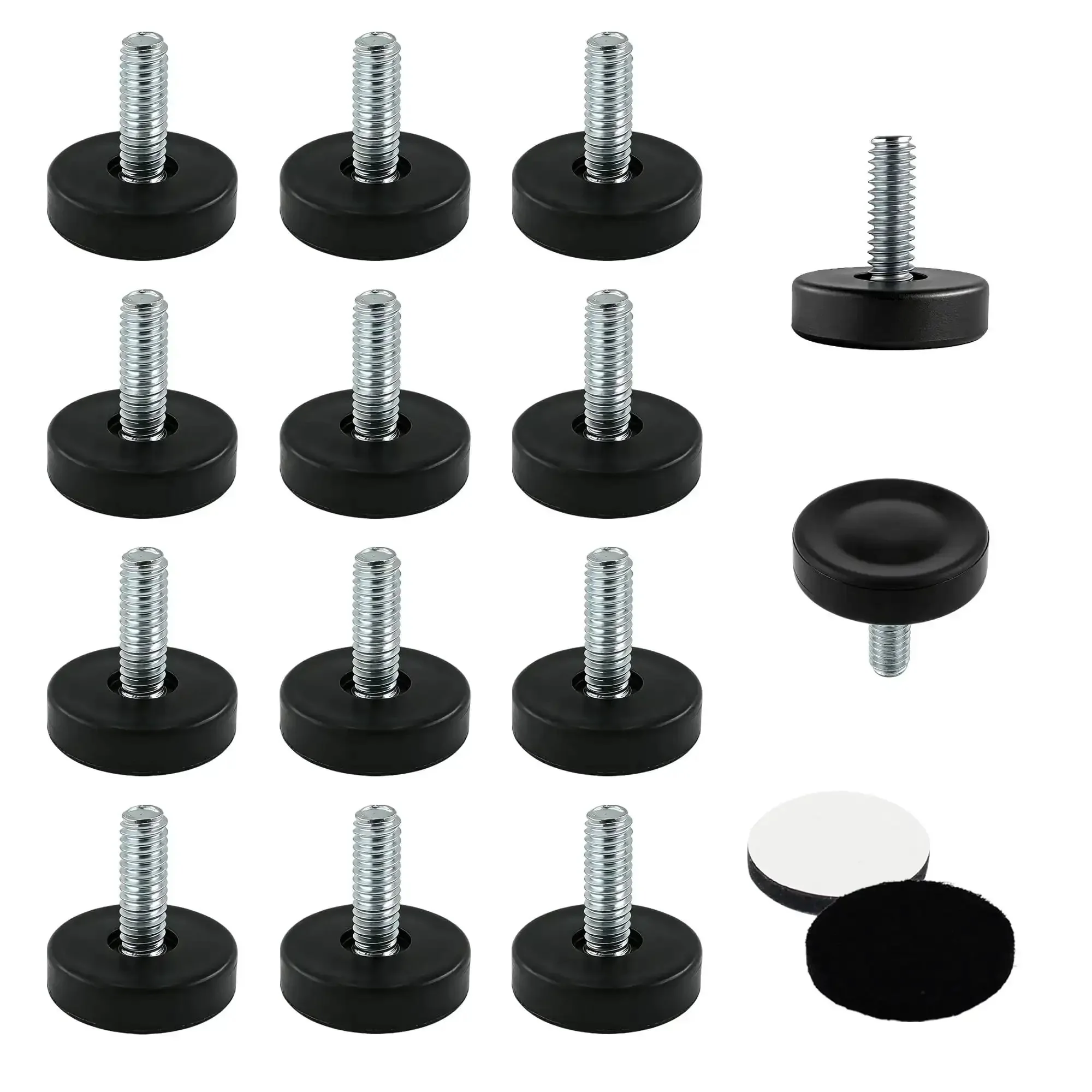 Fourteen Pack Furniture Leveling Feet Set With One Quarter Inch Thread, Adjustable Levelers For Tables Cabinets Chairs And Stool Legs, Galvanized Steel With Black Plastic Base To Protect Floors, No T Nuts Needed