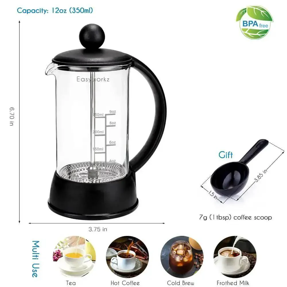French Press Coffee And Tea Maker 12 Oz With Borosilicate Glass And Four Level Filtration System For Rich Flavor And A Boss Brew Of Coffee Or Tea With Ultra Fine Micro Stainless Steel Mesh - Image 7