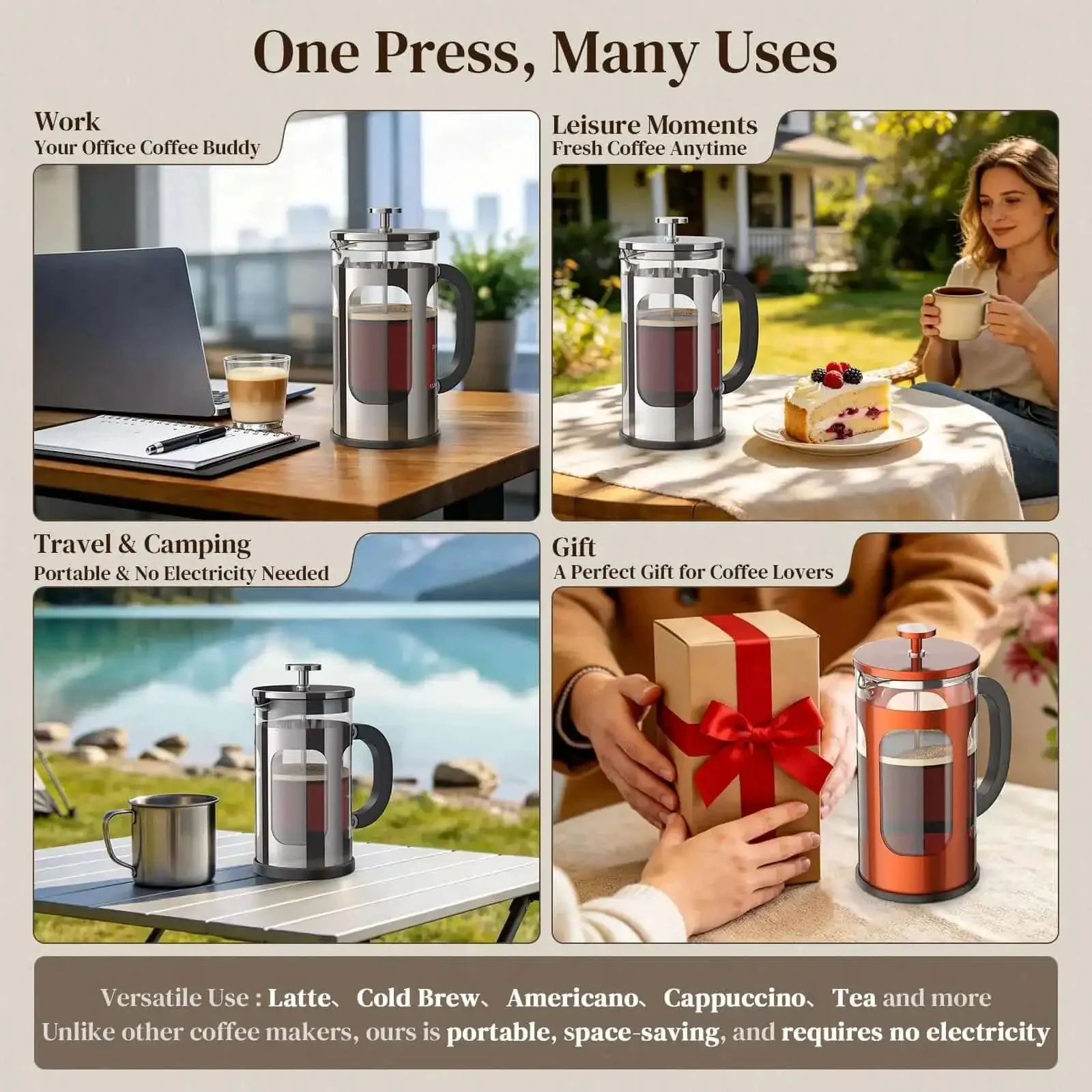 French Press Coffee Maker 34 Ounce Plastic Free Brewing Surface With Thickened Glass And Stainless Steel Ideal For Cold Brew Coffee Or Tea Travel Friendly For Kitchen Camping Gifts And Decor Dark Pewter Finish - Image 9