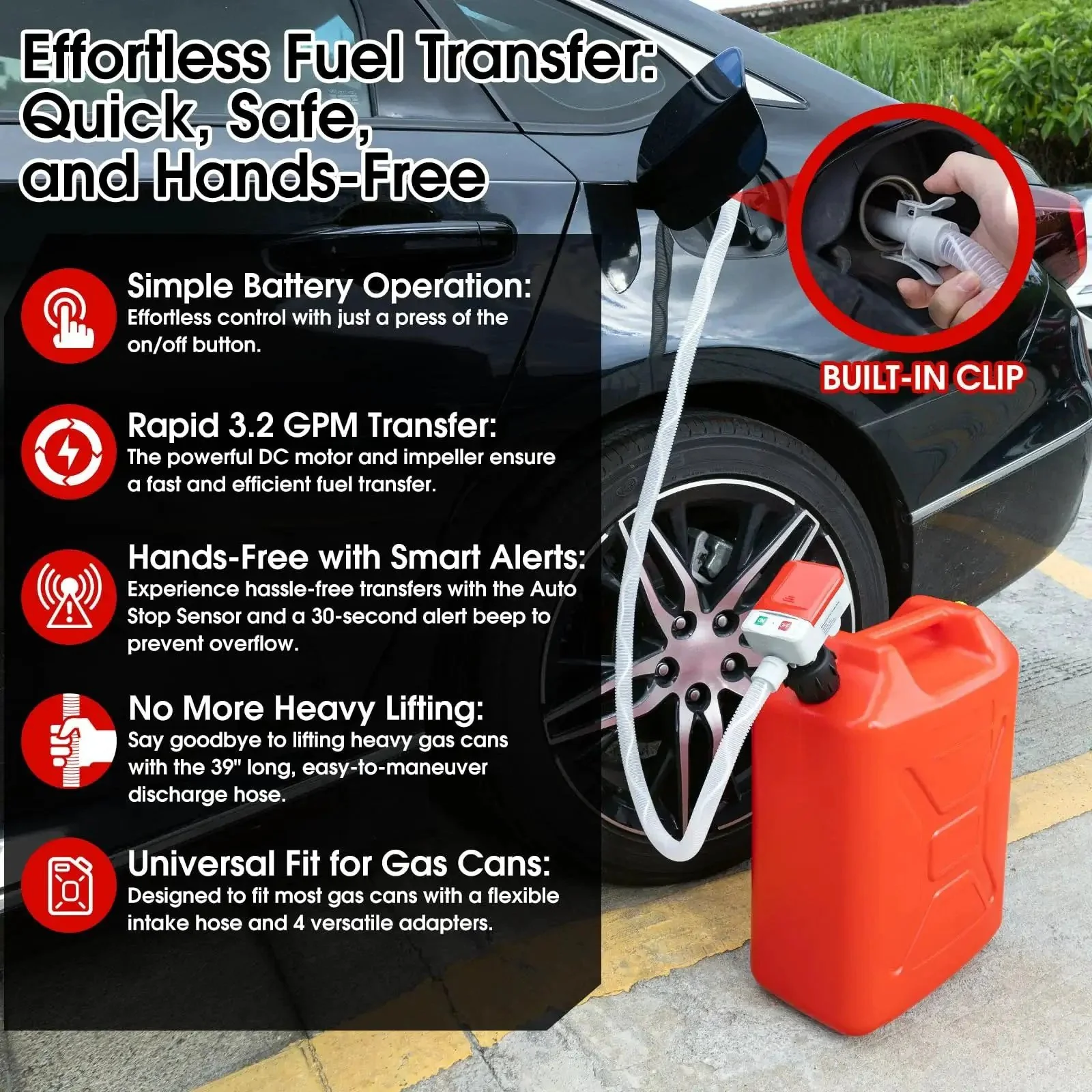 Gas Transfer Pump With Auto Stop Sensor And 30 Second Beep, 3.2 GPM Quick Fuel Transfer, Overfill Protection, 51 Inch Hose, Battery Powered Portable Pump With Nozzle, Includes 4 Tank Adapters For Gas, Diesel And Oil - Image 3