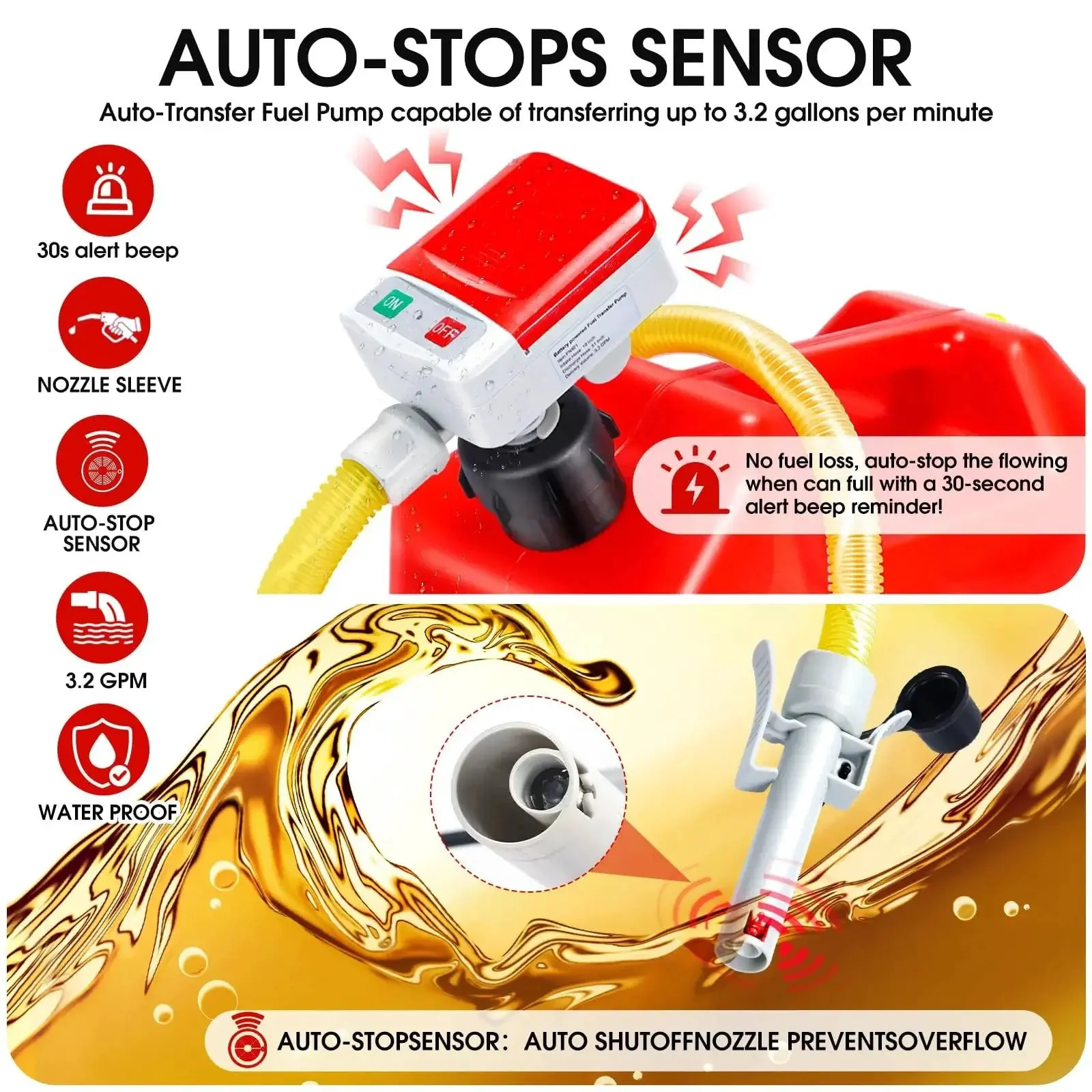 Gas Transfer Pump With Auto Stop Sensor And 30 Second Beep, 3.2 GPM Quick Fuel Transfer, Overfill Protection, 51 Inch Hose, Battery Powered Portable Pump With Nozzle, Includes 4 Tank Adapters For Gas, Diesel And Oil - Image 8
