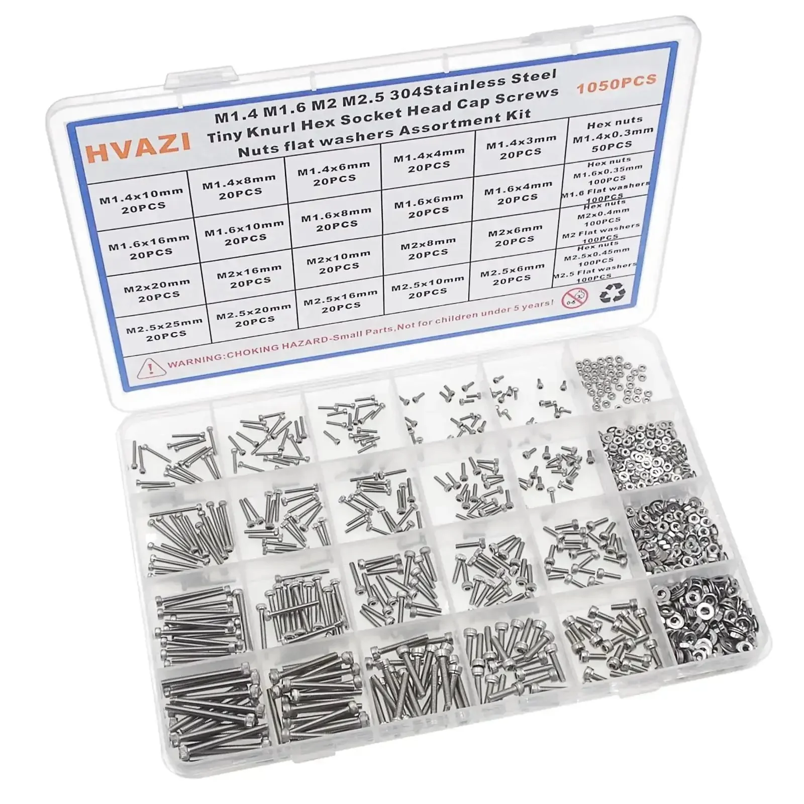 Gearhead Grade 1050 Piece 304 Stainless Steel Knurl Socket Head Cap Screws Hex Nuts And Flat Washers Assortment Kit With Metric Sizes M1.4 M1.6 M2 And M2.5 For Quick Builds And Durable Hardware - Image 4