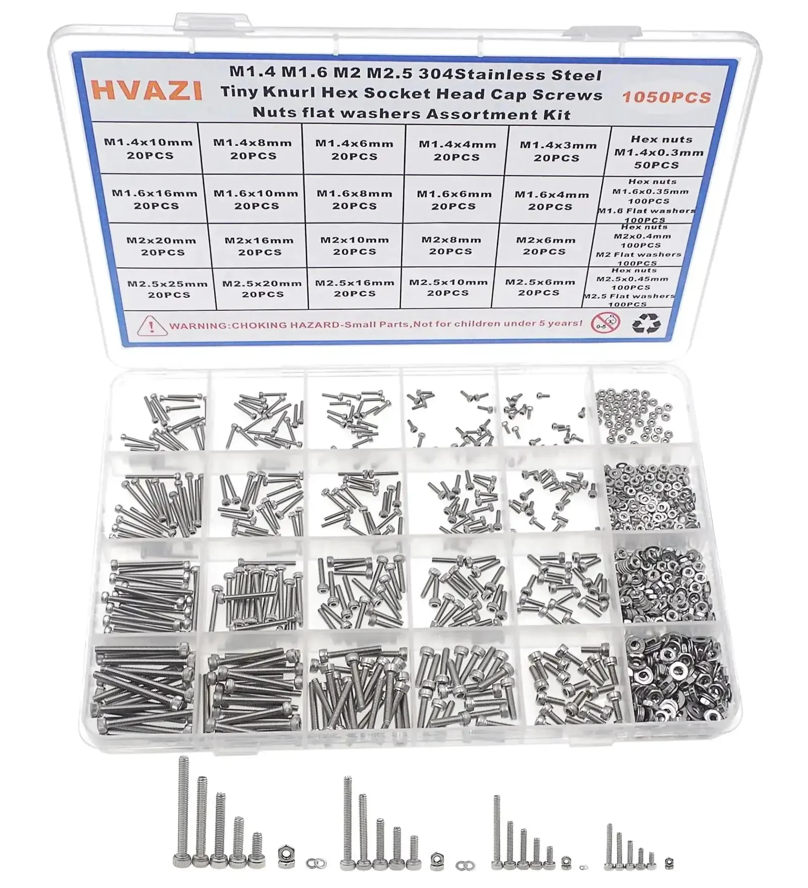 Gearhead Grade 1050 Piece 304 Stainless Steel Knurl Socket Head Cap Screws Hex Nuts And Flat Washers Assortment Kit With Metric Sizes M1.4 M1.6 M2 And M2.5 For Quick Builds And Durable Hardware - Image 7