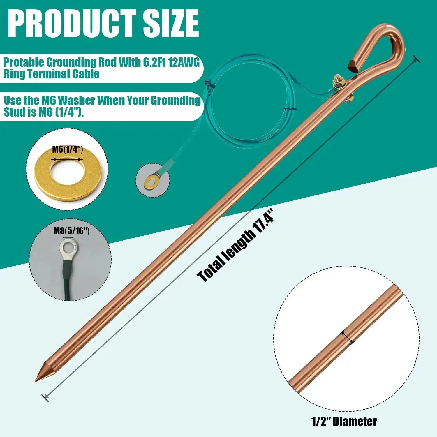 Generator Grounding Kit With 6 Foot Female Ground Cord Seventeen Inch Ground Rod And Six Point Two Foot Grounding Wire With Crocodile Clip For Electric Fences And Antennas - Image 6