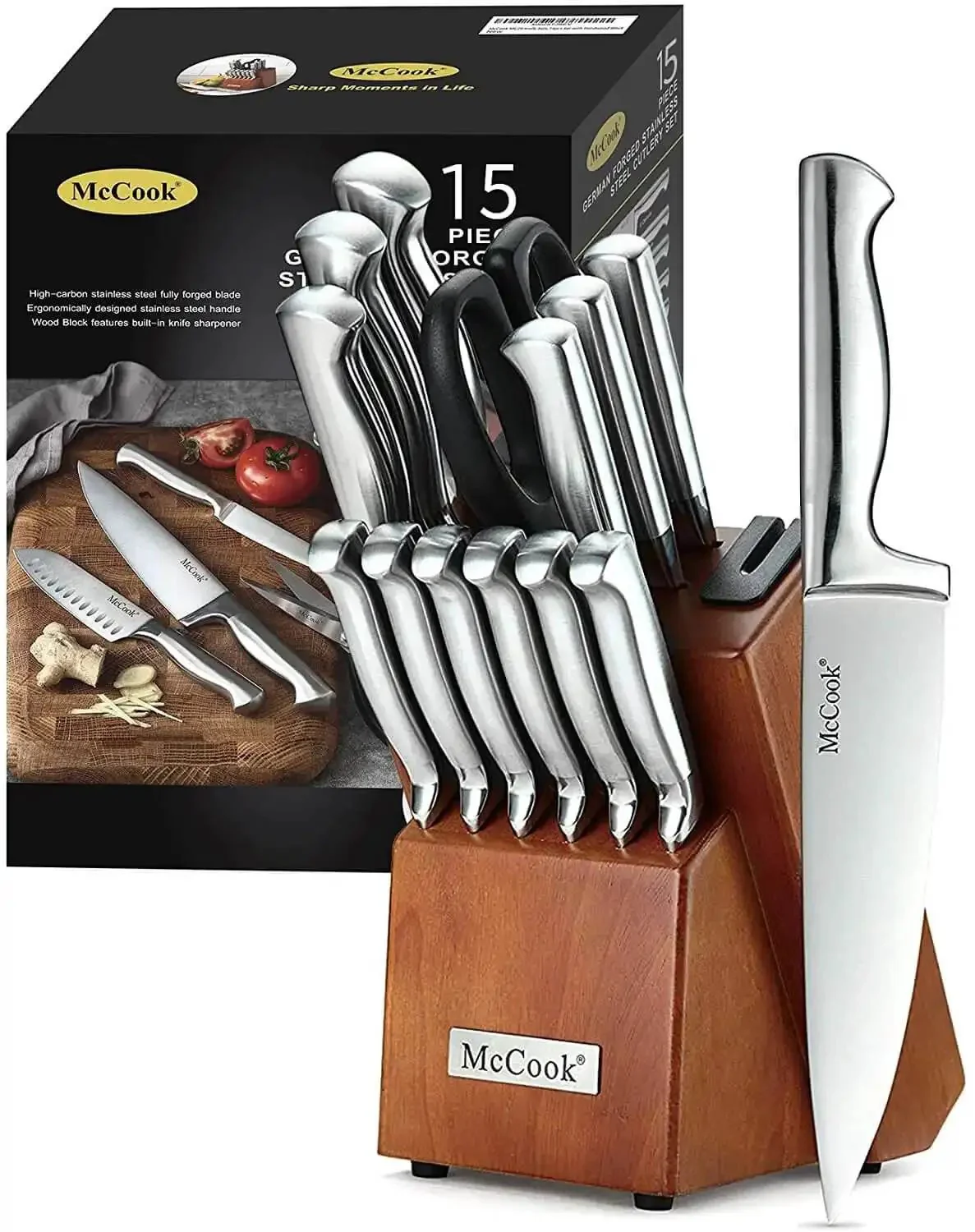German Stainless Steel Kitchen Knife Set With Built In Sharpener In Self Sharpening Block For Pro Grade Home Cooks One Piece Forged High Carbon Knives With Durable Block Storage