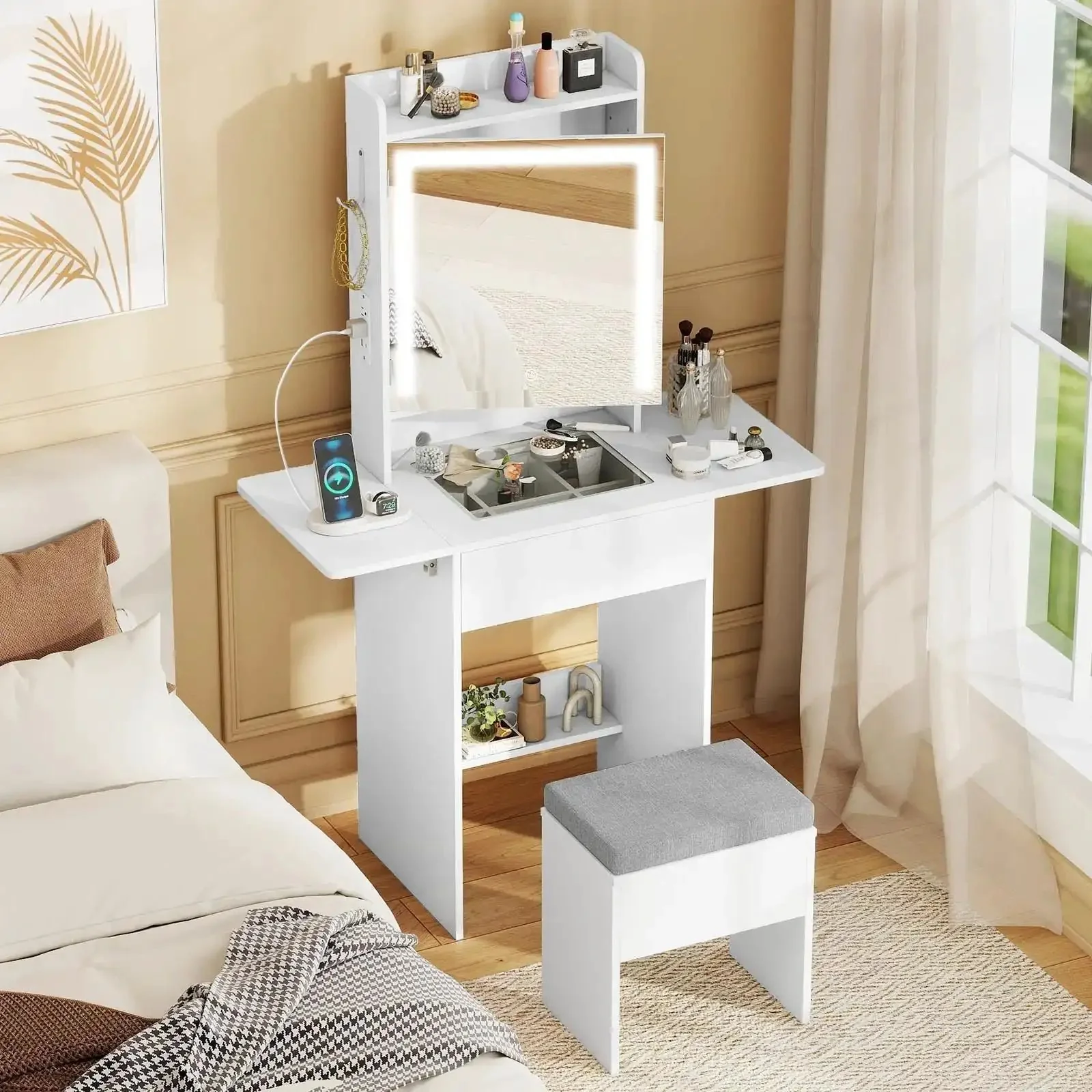 Girls 20 Inch Vanity Desk With Lighted Mirror And Charging Station, Space Saving Glass Top Makeup Table With Fold Up Side Panels, Mirrored Cabinet, Drawer And Storage Stool For Tiny Bedrooms, White