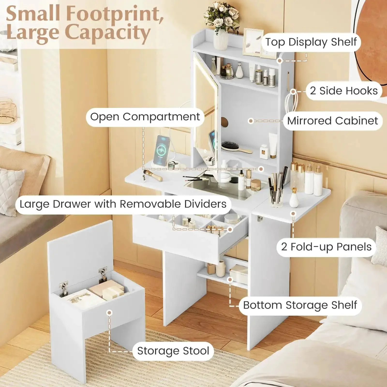 Girls 20 Inch Vanity Desk With Lighted Mirror And Charging Station, Space Saving Glass Top Makeup Table With Fold Up Side Panels, Mirrored Cabinet, Drawer And Storage Stool For Tiny Bedrooms, White - Image 8