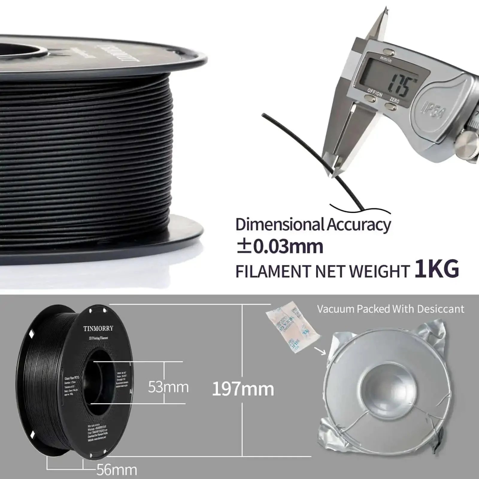 Glass Fiber Reinforced PETG Filament 1.75mm For 3D Printing Built Tough With High Impact Resistance And Great Stiffness GF PETG Material Compatible With Bambu Lab FDM Printers 1 Kg Spool Frosted Black - Image 2