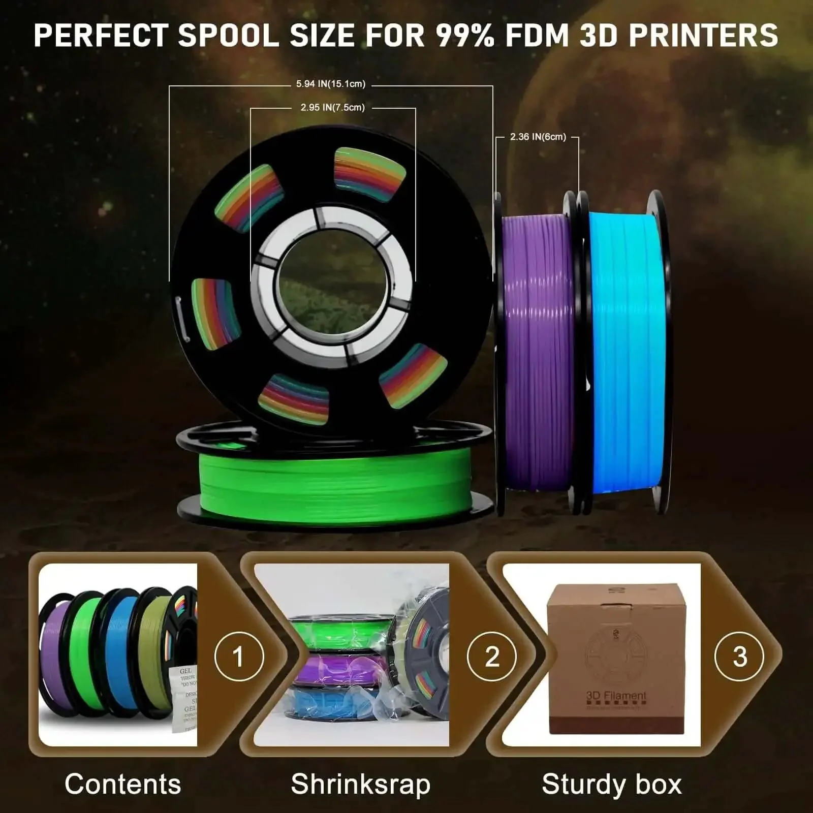 Glow In The Dark 3D Printer Filament Bundle Multicolor PLA 1.75mm 250G X 4 Pack In Green Blue Purple And Rainbow For Makers And DIYers With 0.03mm Dimensional Tolerance - Image 2