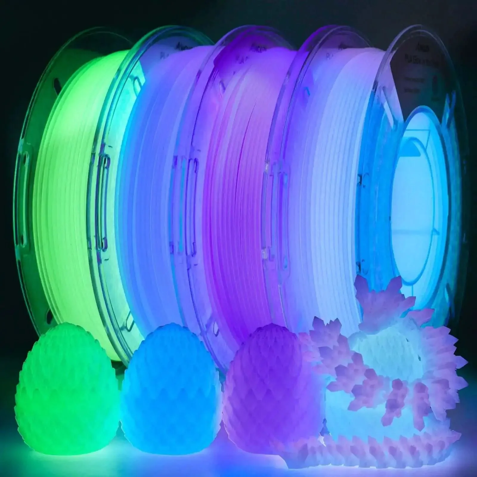 Glow In The Dark Multicolor Fast Change 3D Printer PLA Filament Bundle 1.75mm 5m Per Spool 200g Each 4 Pack With Green Blue Blue Purple Glitter Colors UV Reactive Printing