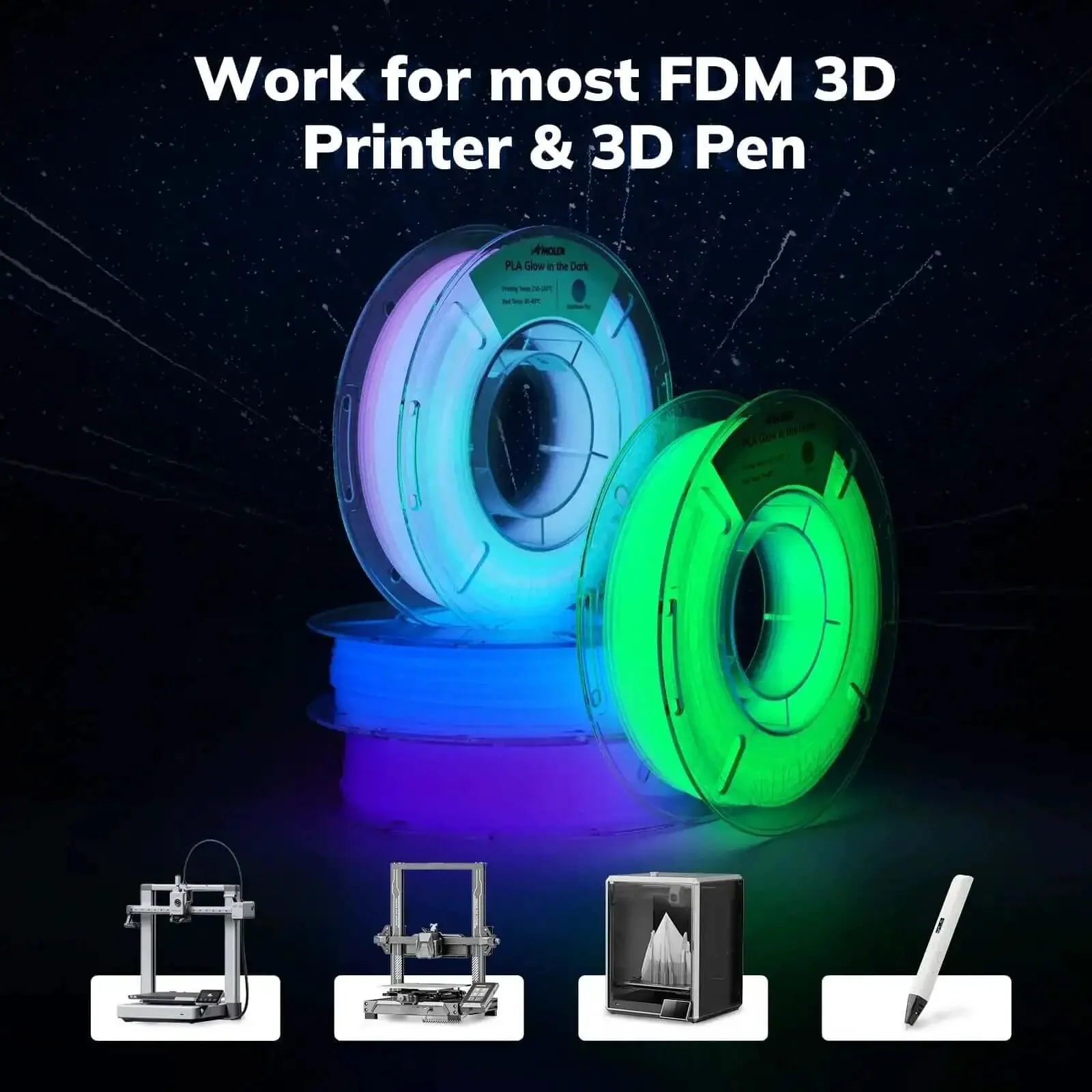 Glow In The Dark Multicolor Fast Change 3D Printer PLA Filament Bundle 1.75mm 5m Per Spool 200g Each 4 Pack With Green Blue Blue Purple Glitter Colors UV Reactive Printing - Image 4