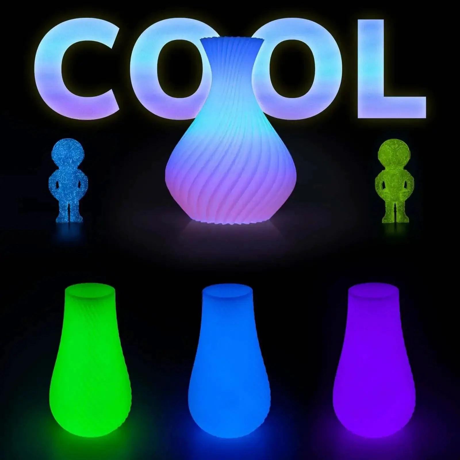 Glow In The Dark Multicolor Fast Change 3D Printer PLA Filament Bundle 1.75mm 5m Per Spool 200g Each 4 Pack With Green Blue Blue Purple Glitter Colors UV Reactive Printing - Image 5