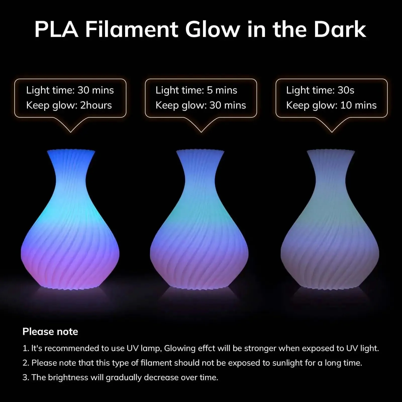 Glow In The Dark Multicolor Fast Change 3D Printer PLA Filament Bundle 1.75mm 5m Per Spool 200g Each 4 Pack With Green Blue Blue Purple Glitter Colors UV Reactive Printing - Image 7
