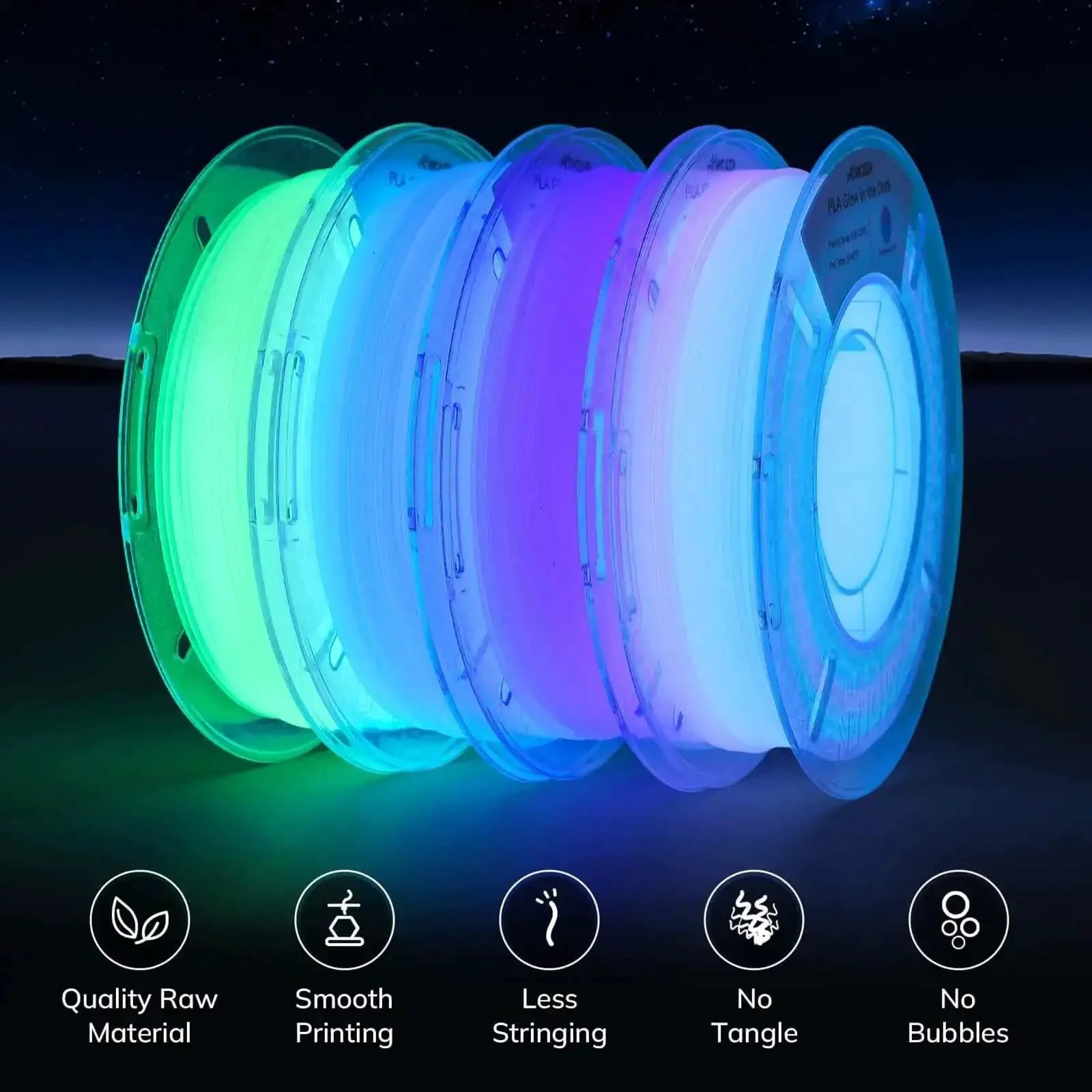 Glow In The Dark Multicolor Fast Change 3D Printer PLA Filament Bundle 1.75mm 5m Per Spool 200g Each 4 Pack With Green Blue Blue Purple Glitter Colors UV Reactive Printing - Image 8