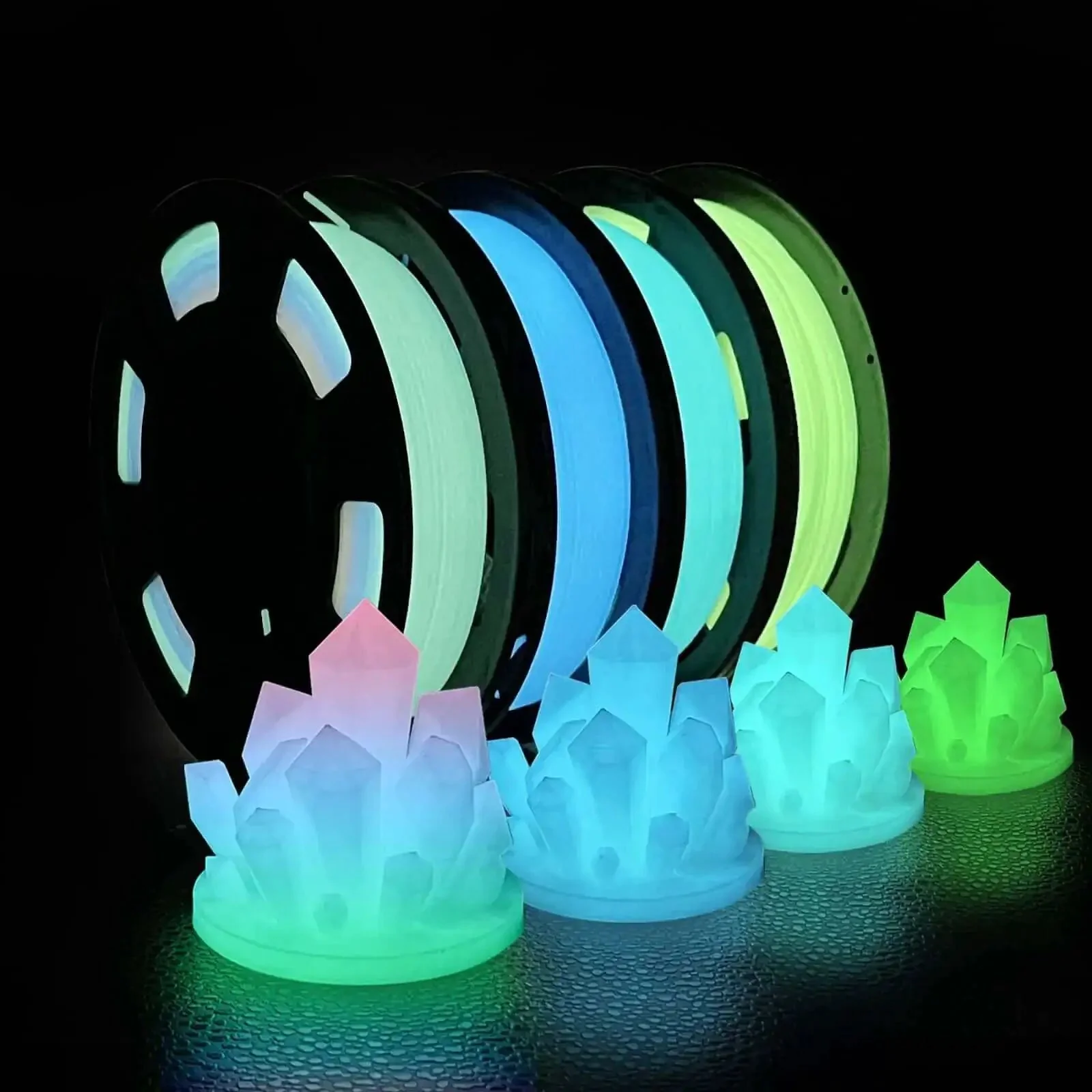 Glow In The Dark Multicolor PLA Filament Bundle 1.75mm 4 Pack 250g Each For 3D Printing In Green Blue And Teal Dimensional Accuracy About 0.03mm Night Glow Ready For DIY Makers And Creative Projects