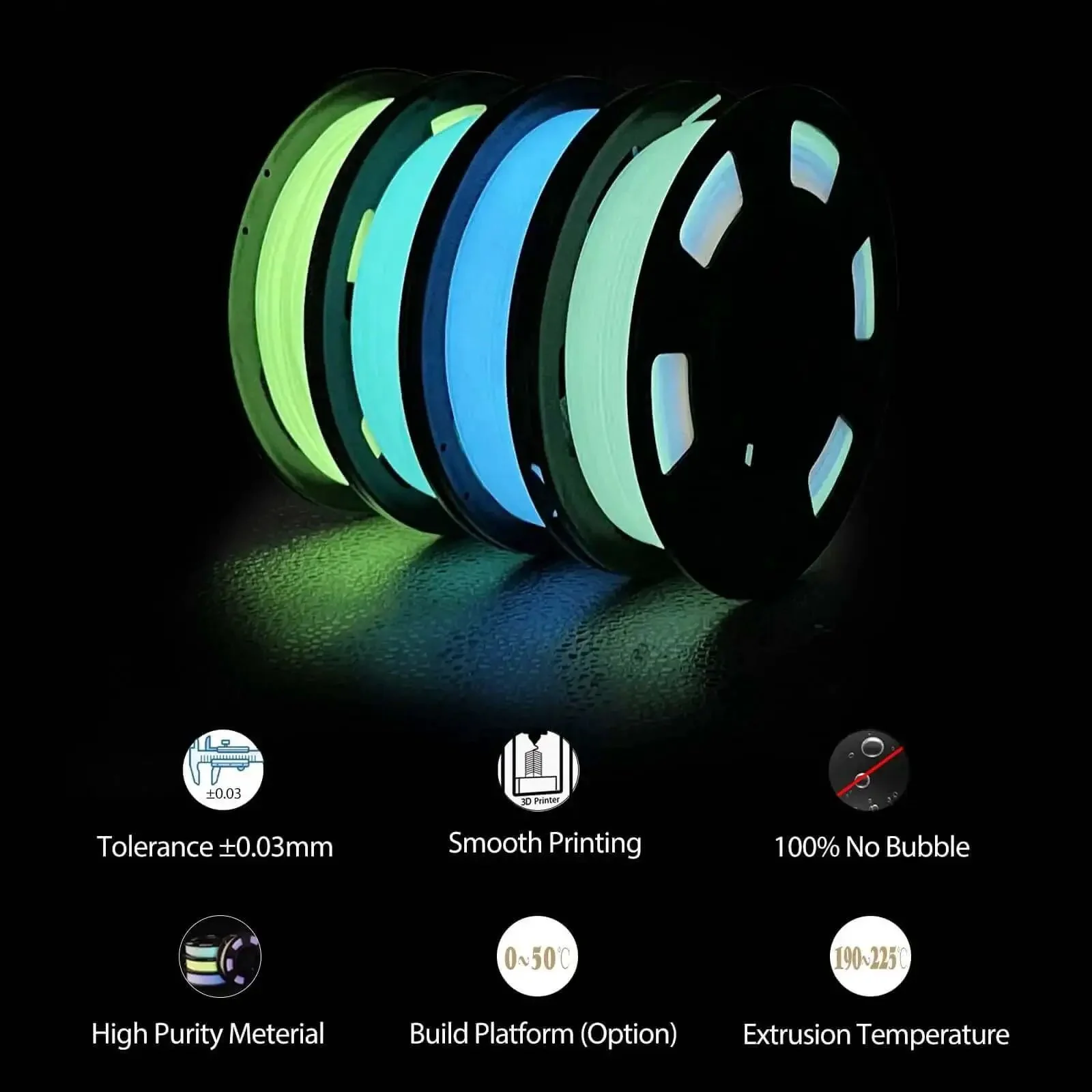 Glow In The Dark Multicolor PLA Filament Bundle 1.75mm 4 Pack 250g Each For 3D Printing In Green Blue And Teal Dimensional Accuracy About 0.03mm Night Glow Ready For DIY Makers And Creative Projects - Image 5
