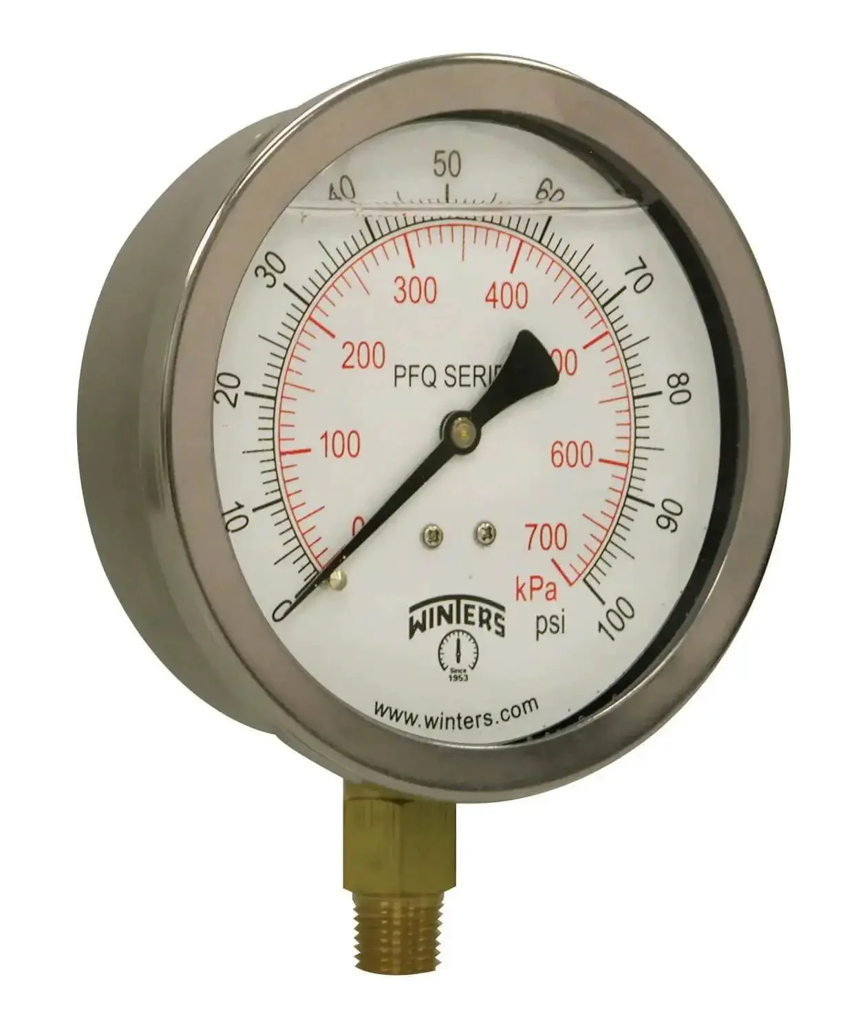 Glycerin Filled Industrial Pressure Gauge With Four Inch Dial Built To Last Brass Internals 304 Stainless Steel Case Dual Scale 0 To 100 Psi And KPa One Quarter Inch NPT Bottom Mount Liquid Filled Gauge For Non Corrosive Fluids