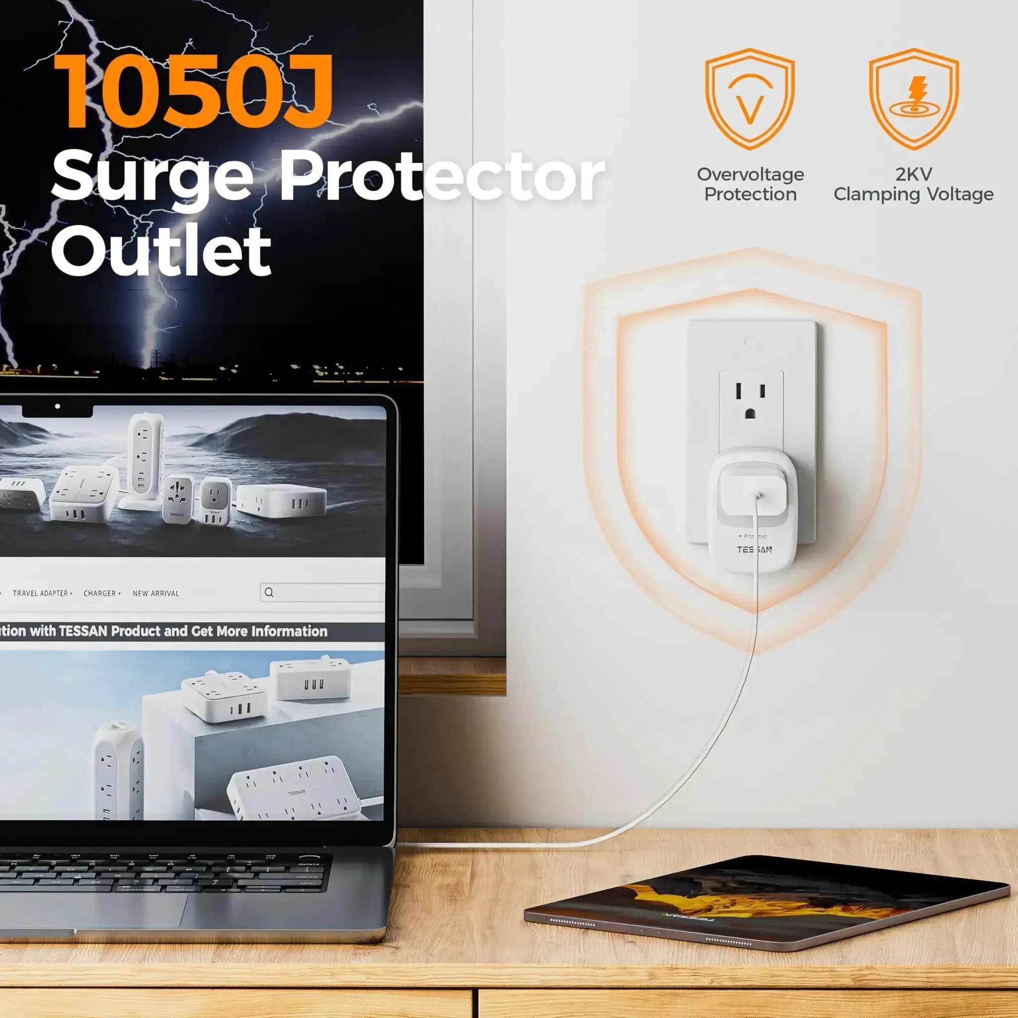 Go To 1050J Surge Protector With Protected Light Indicator, 1875W Max Single Outlet Wall Plug For TV, Computer, Refrigerator, Appliances, Treadmill, Massage Chair - Image 7