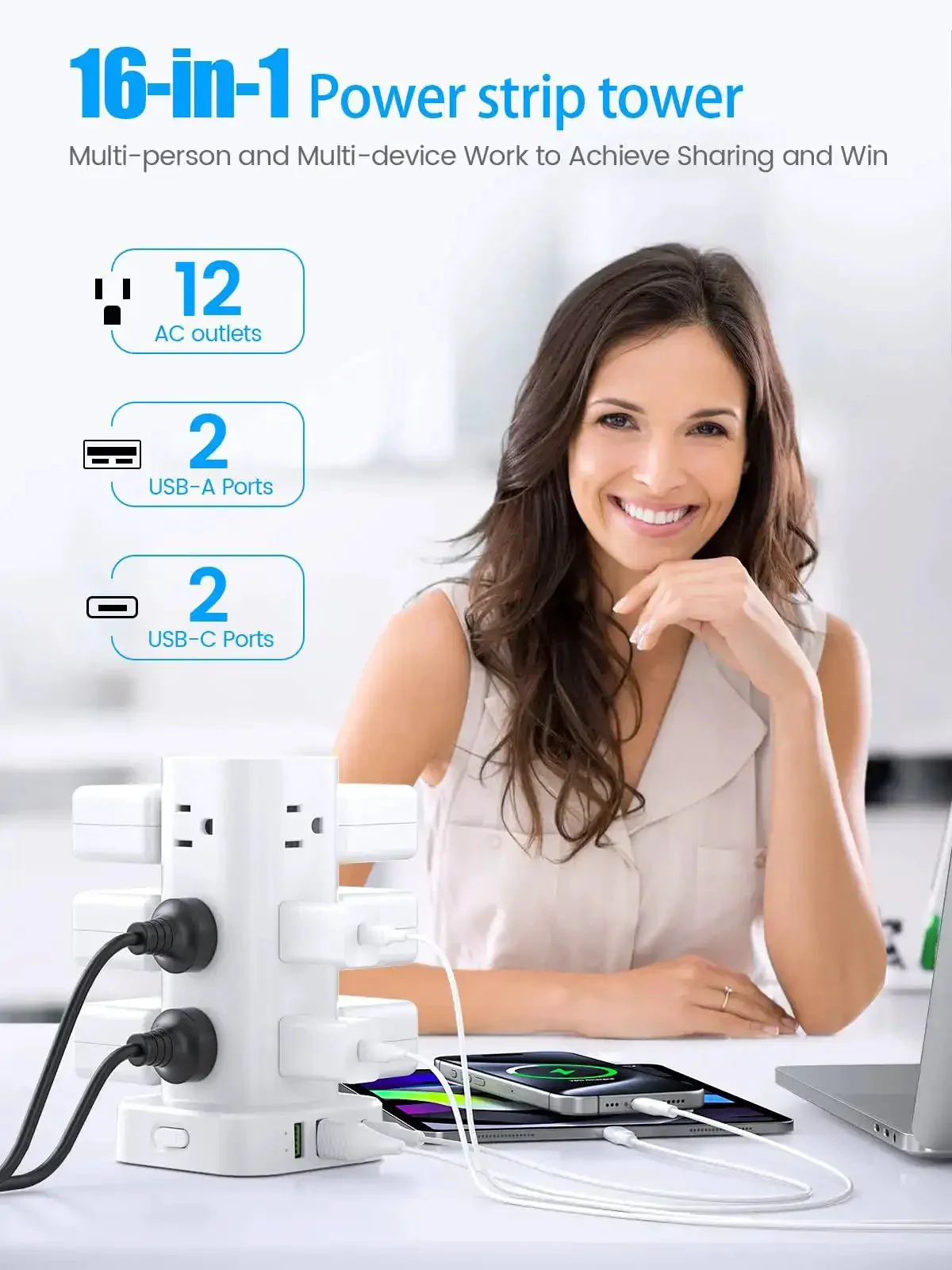 Go To All In One Power Strips With Surge Protection And USB Ports 12 AC Outlets 4 USB Ports 2 USB C 6 Ft Flat Extension Cord Overload Protection Charging Station For Office Home Dorm Travel - Image 7