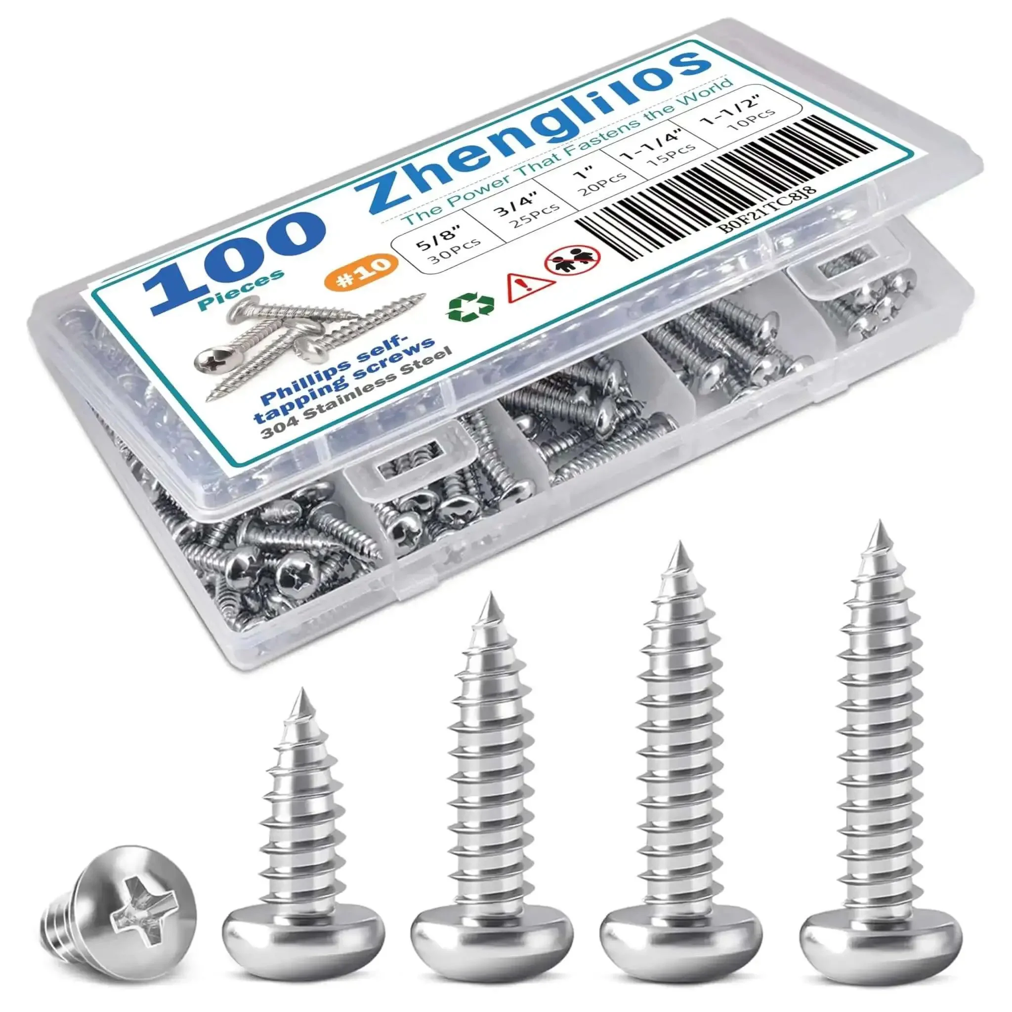 Go-To Assorted Self Tapping Screws Kit For Wood And Drywall With 100 Pcs Of 304 Stainless Steel Truss Head Sheet Metal Screws In Five Sizes Five Eighths Inch, Three Quarters Inch, One Inch, One And A Quarter Inch, One And A Half Inch Phillips Drive