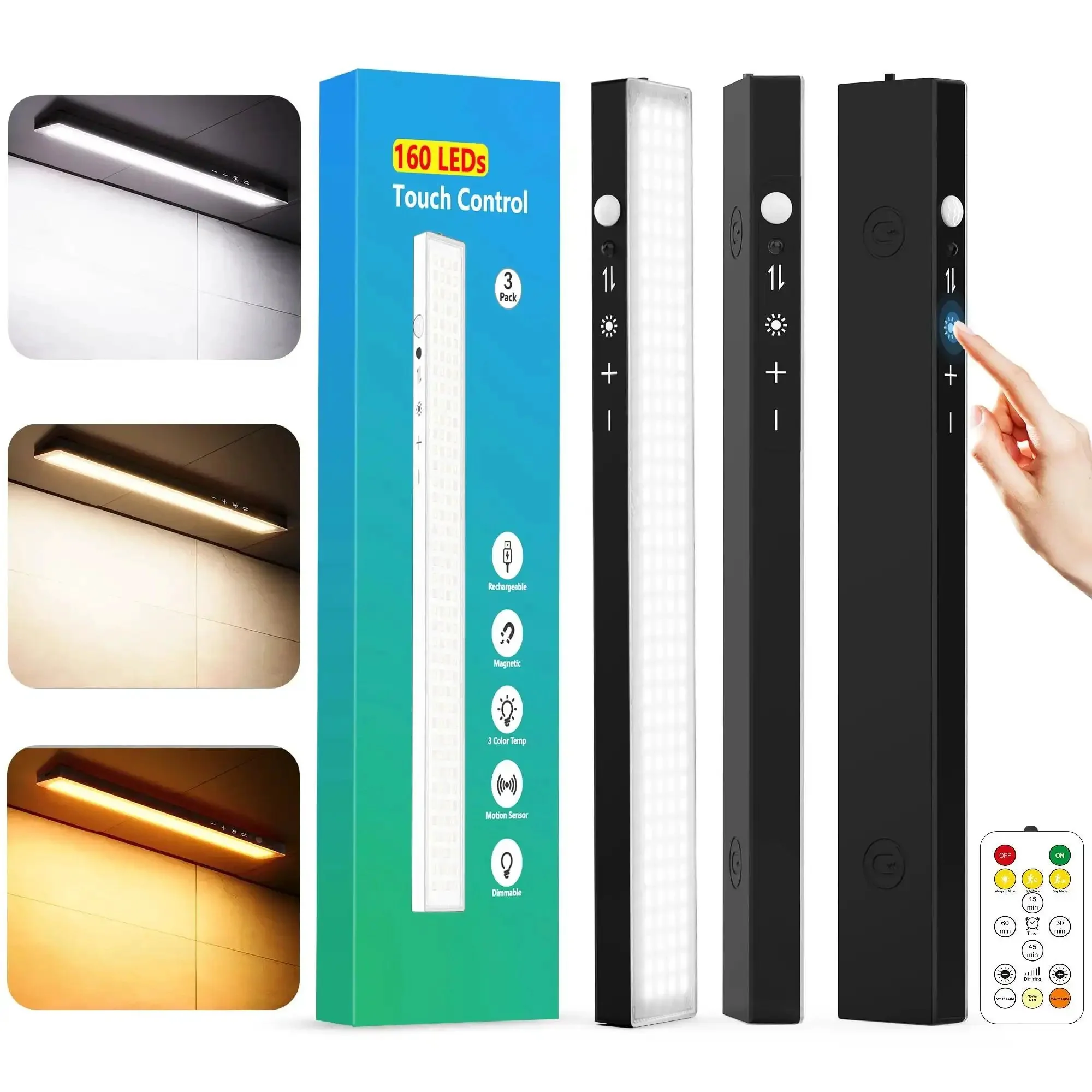 Go-To Under Cabinet Lighting Kit With Touch Control And Motion Sensor, Ultra Bright 160LED, 4000mAh Battery, Magnetic Rechargeable, Dimmable 3 CCT, Remote Included, Perfect For Kitchen And Closets, 3 Pack