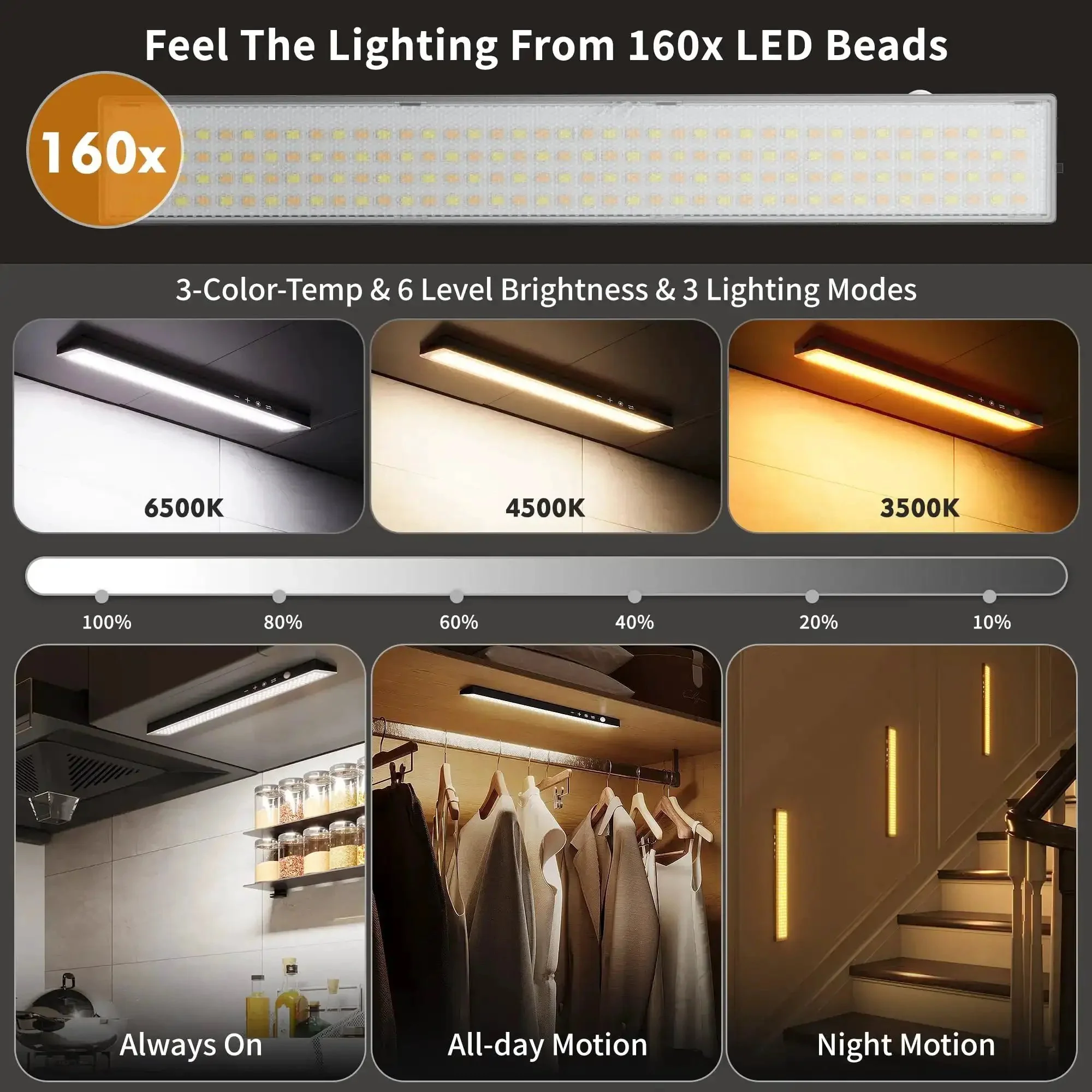 Go-To Under Cabinet Lighting Kit With Touch Control And Motion Sensor, Ultra Bright 160LED, 4000mAh Battery, Magnetic Rechargeable, Dimmable 3 CCT, Remote Included, Perfect For Kitchen And Closets, 3 Pack - Image 6