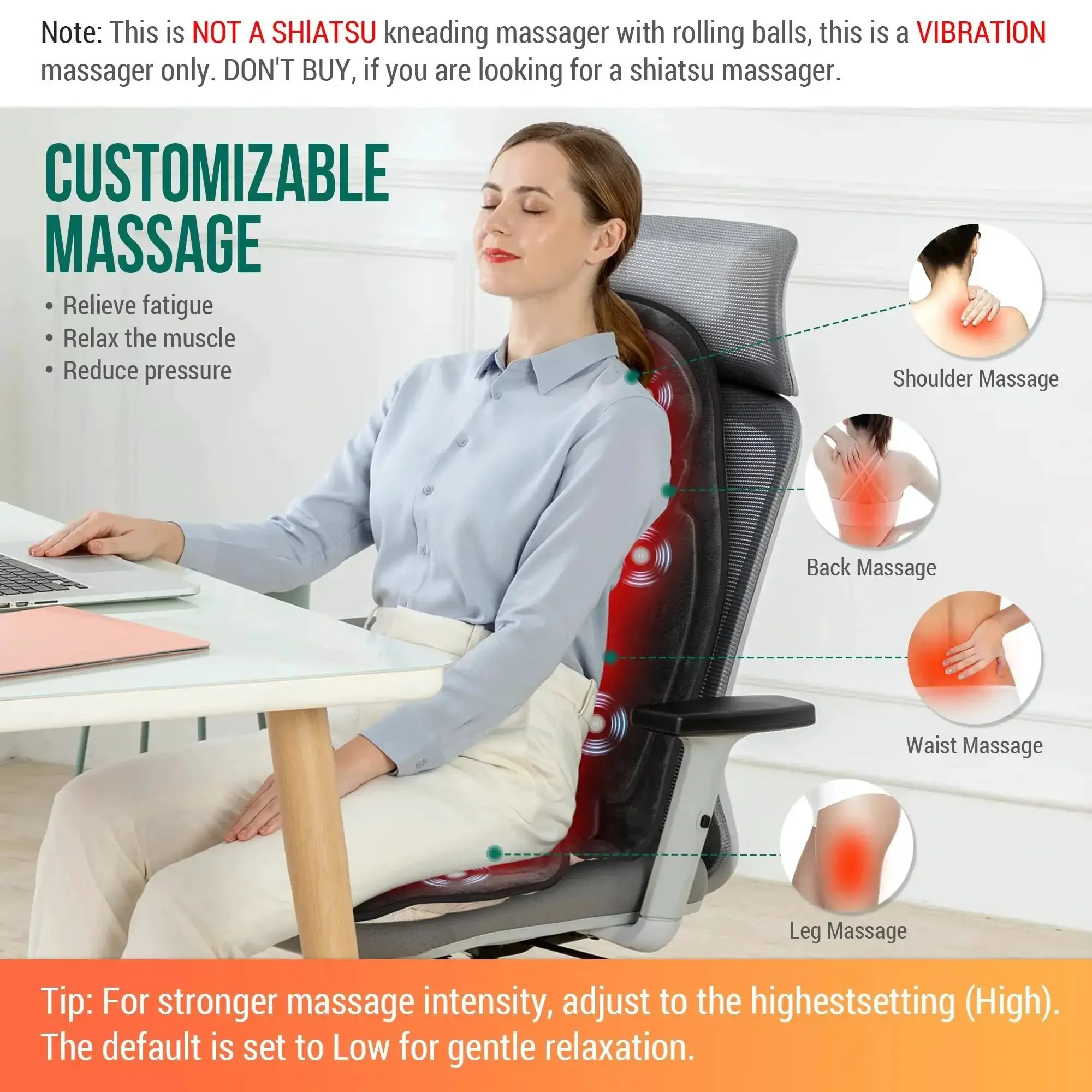Go To Vibration Back Massager With Heat For Home Office, 6 Vibrating Motors Targeting Upper And Mid Back, 2 Heat Levels, Lightweight Seat Cushion Massager, Easy To Use And A Great Gift For Him And Her - Image 6