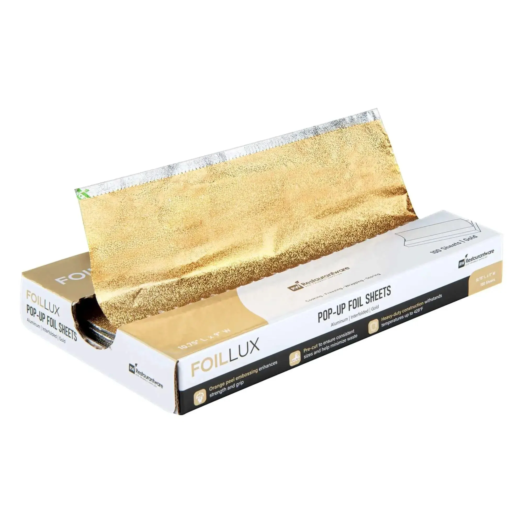 Gold Embossed Pop-Up Foil Sheets 10.8 X 9 Inch Interfolded Greaseproof and Freezable Oven Ready Aluminum Foil Papers for Fast Service Keeps Burgers and Sandwiches Warm on the Go