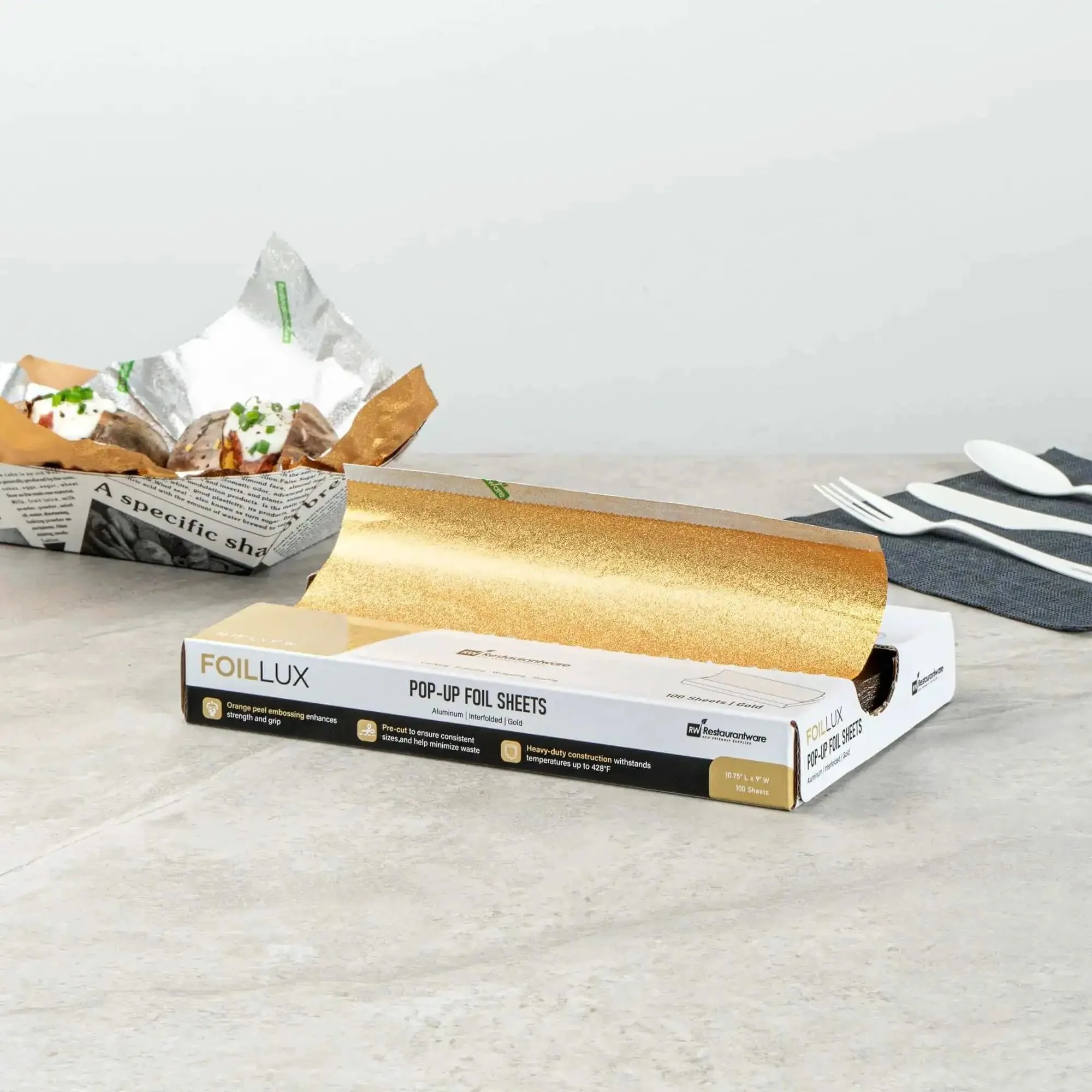Gold Embossed Pop-Up Foil Sheets 10.8 X 9 Inch Interfolded Greaseproof and Freezable Oven Ready Aluminum Foil Papers for Fast Service Keeps Burgers and Sandwiches Warm on the Go - Image 10