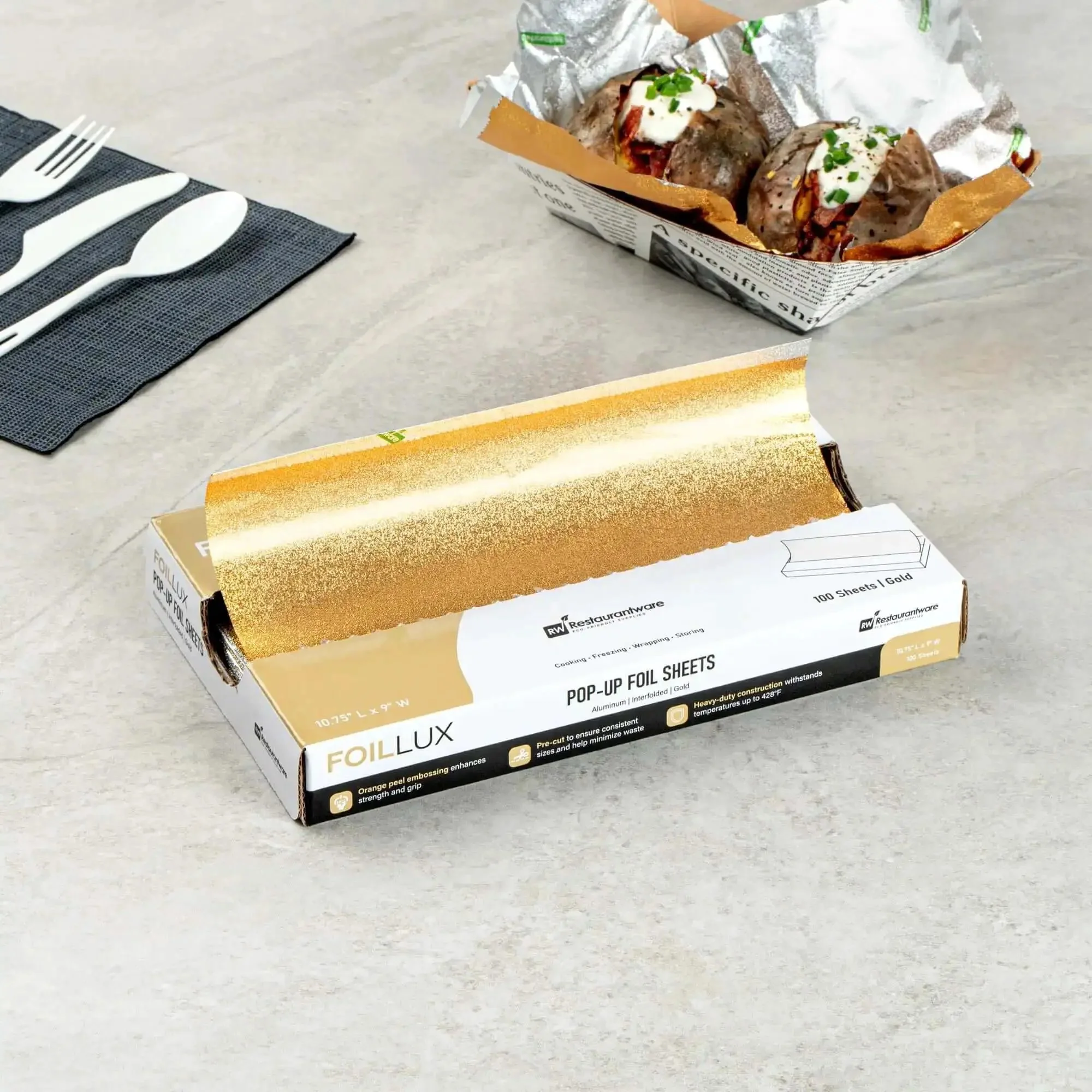 Gold Embossed Pop-Up Foil Sheets 10.8 X 9 Inch Interfolded Greaseproof and Freezable Oven Ready Aluminum Foil Papers for Fast Service Keeps Burgers and Sandwiches Warm on the Go - Image 11