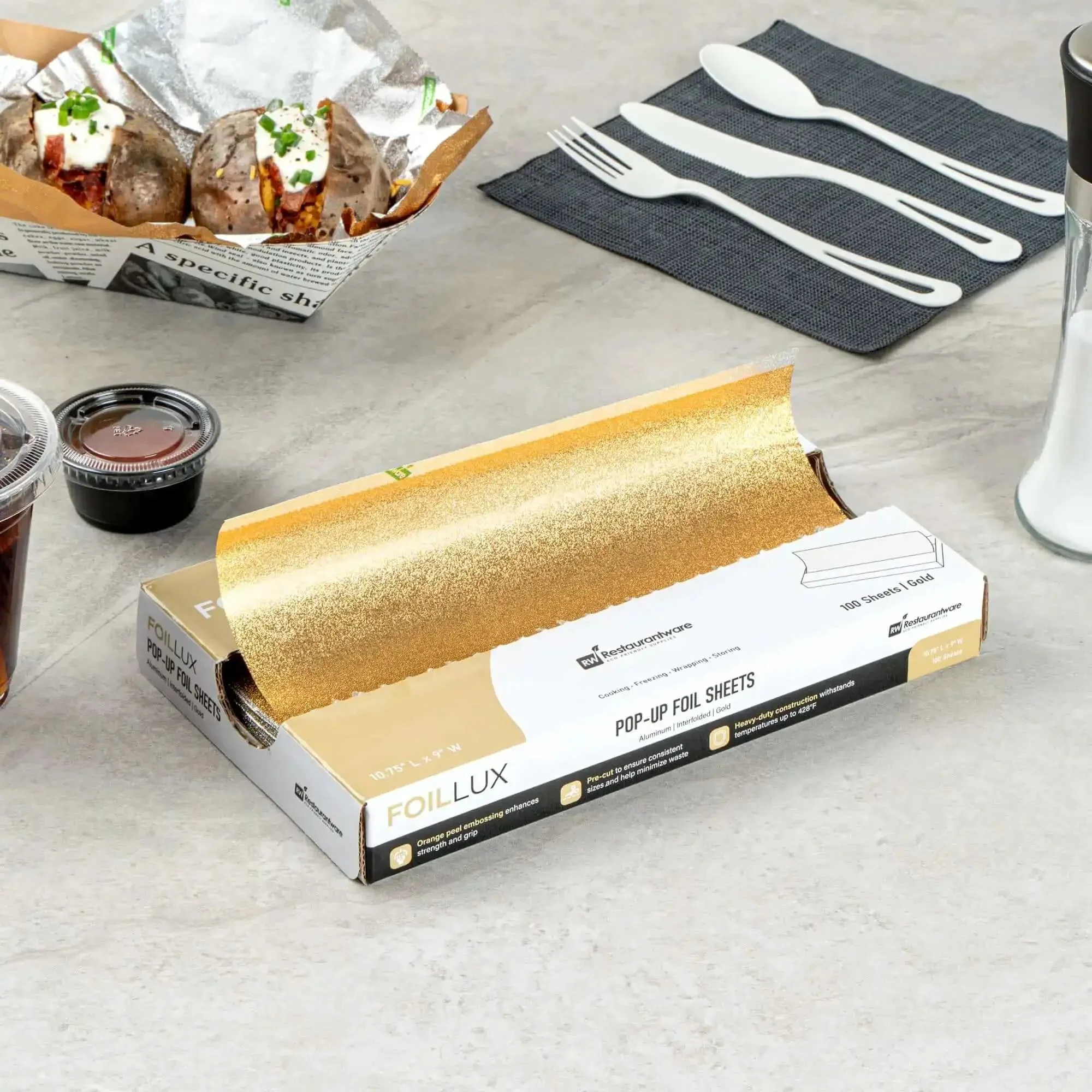 Gold Embossed Pop-Up Foil Sheets 10.8 X 9 Inch Interfolded Greaseproof and Freezable Oven Ready Aluminum Foil Papers for Fast Service Keeps Burgers and Sandwiches Warm on the Go - Image 6