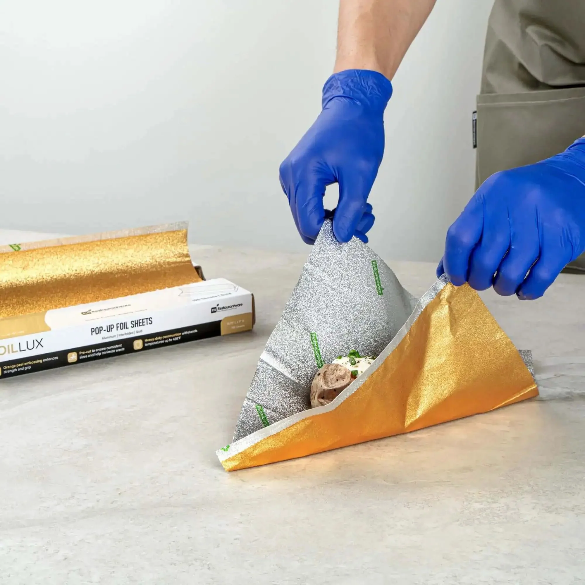 Gold Embossed Pop-Up Foil Sheets 10.8 X 9 Inch Interfolded Greaseproof and Freezable Oven Ready Aluminum Foil Papers for Fast Service Keeps Burgers and Sandwiches Warm on the Go - Image 8