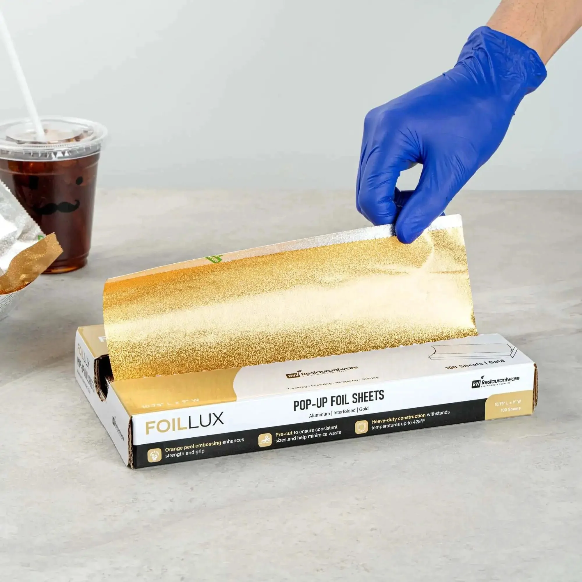Gold Embossed Pop-Up Foil Sheets 10.8 X 9 Inch Interfolded Greaseproof and Freezable Oven Ready Aluminum Foil Papers for Fast Service Keeps Burgers and Sandwiches Warm on the Go - Image 9