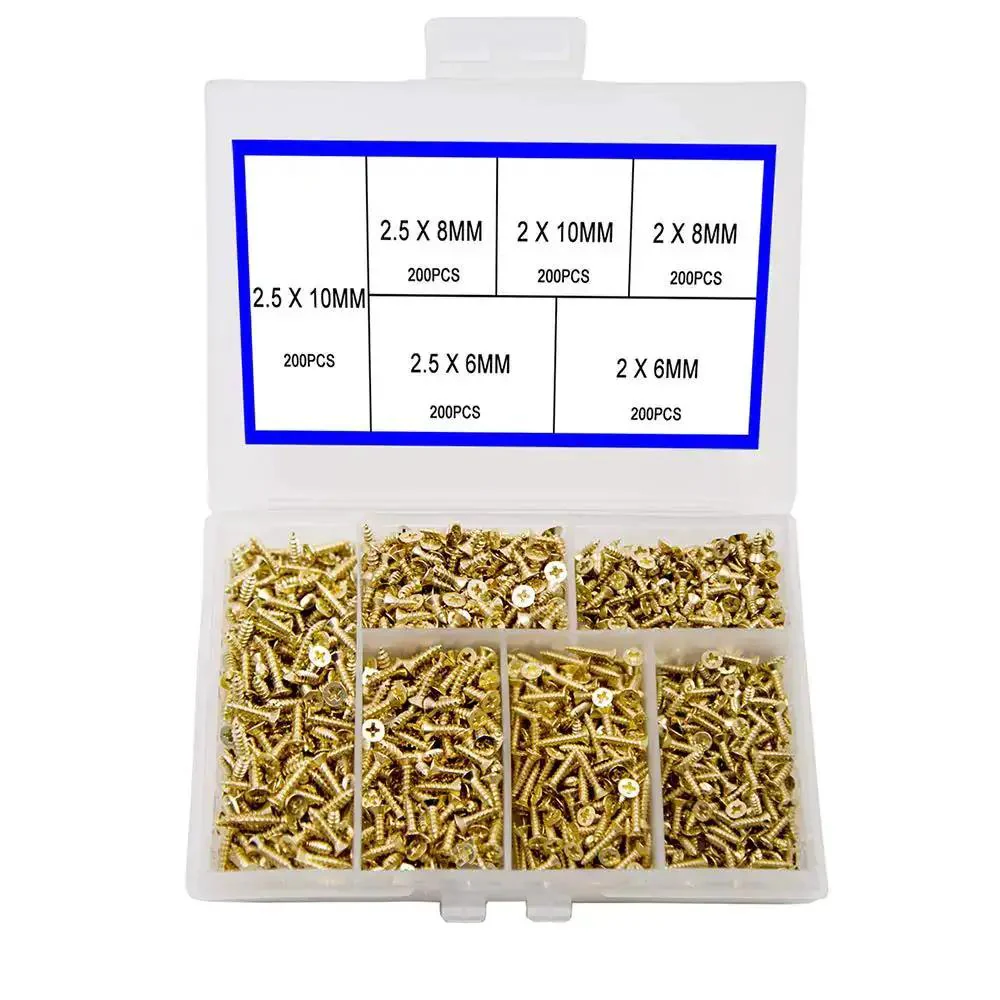 Gold Finish 1200Pcs Tiny Phillips Flat Head Self Tapping Screws Set For Cabinets Electronics DIY Micro Woodworking Dope Six Sizes In A Handy Classification Box