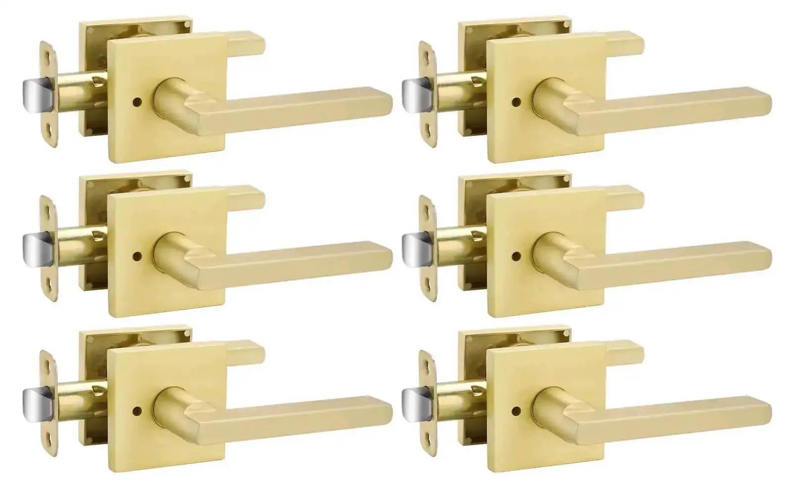 Gold Interior Door Handles Set for Bedroom and Bathroom, Zinc Alloy Heavy Duty Brushed Gold Privacy Levers, Sleek Modern Square Design with Keyless Push Button Lock and Emergency Release, 6 Pack