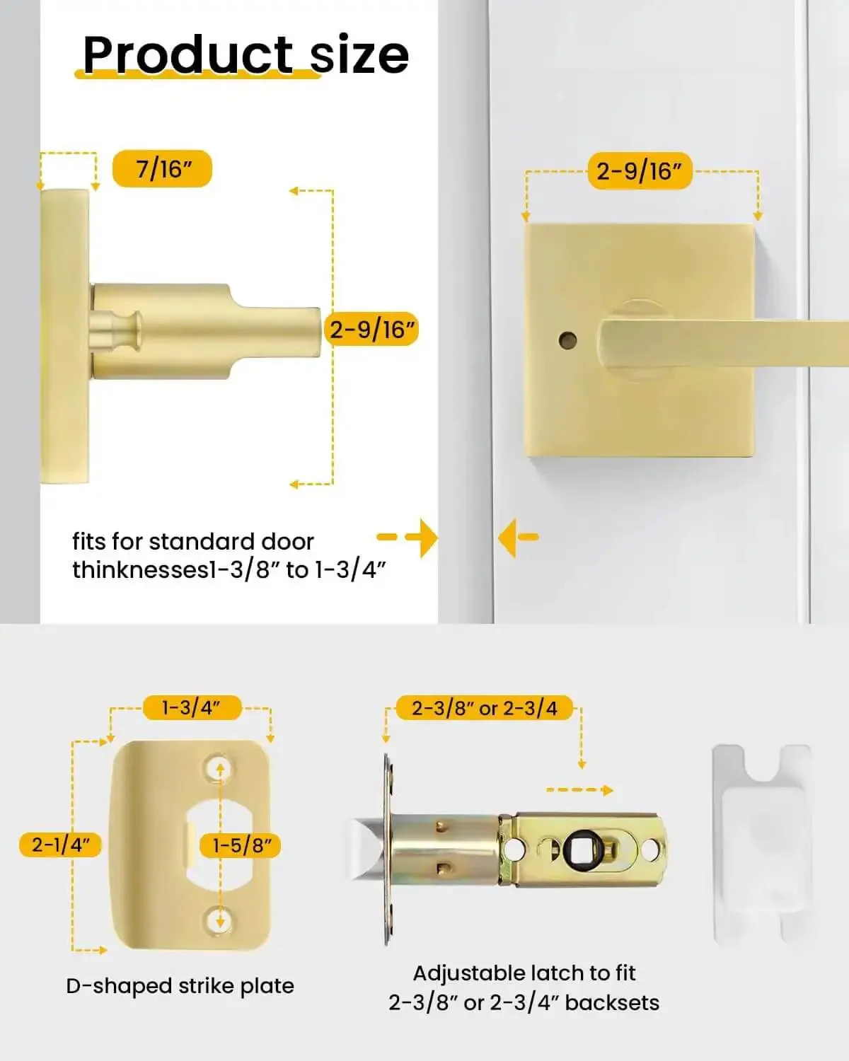Gold Interior Door Handles Set for Bedroom and Bathroom, Zinc Alloy Heavy Duty Brushed Gold Privacy Levers, Sleek Modern Square Design with Keyless Push Button Lock and Emergency Release, 6 Pack - Image 2