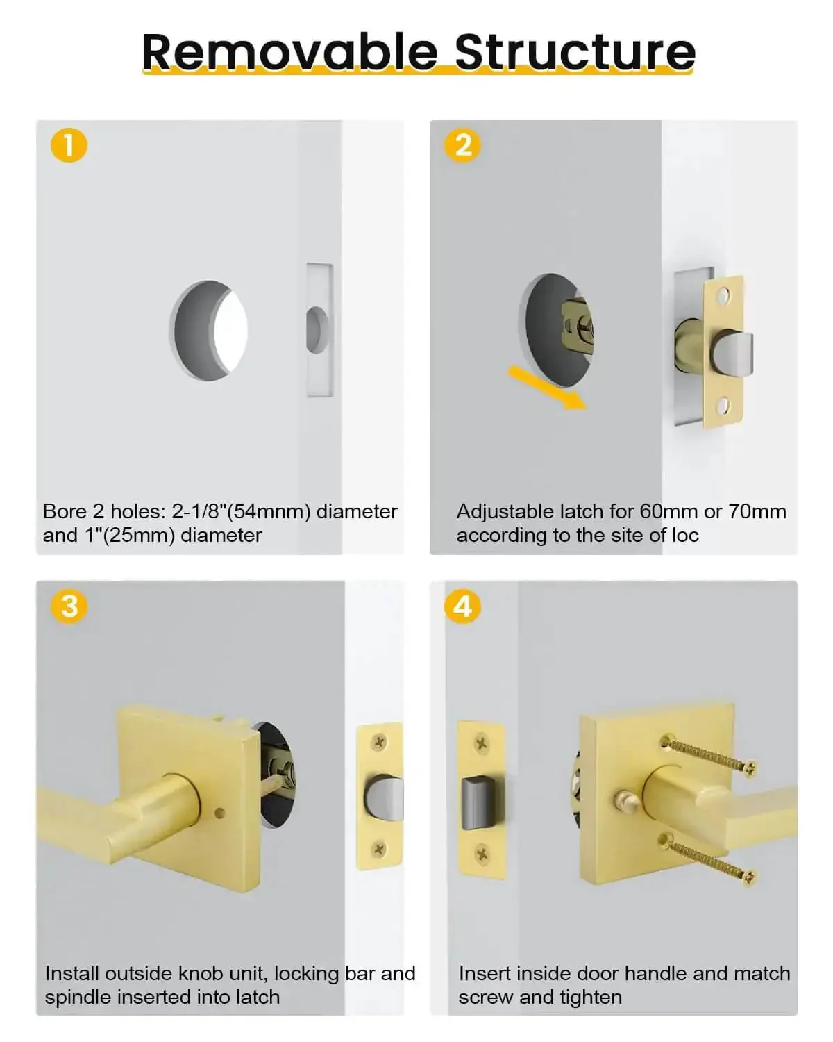 Gold Interior Door Handles Set for Bedroom and Bathroom, Zinc Alloy Heavy Duty Brushed Gold Privacy Levers, Sleek Modern Square Design with Keyless Push Button Lock and Emergency Release, 6 Pack - Image 3