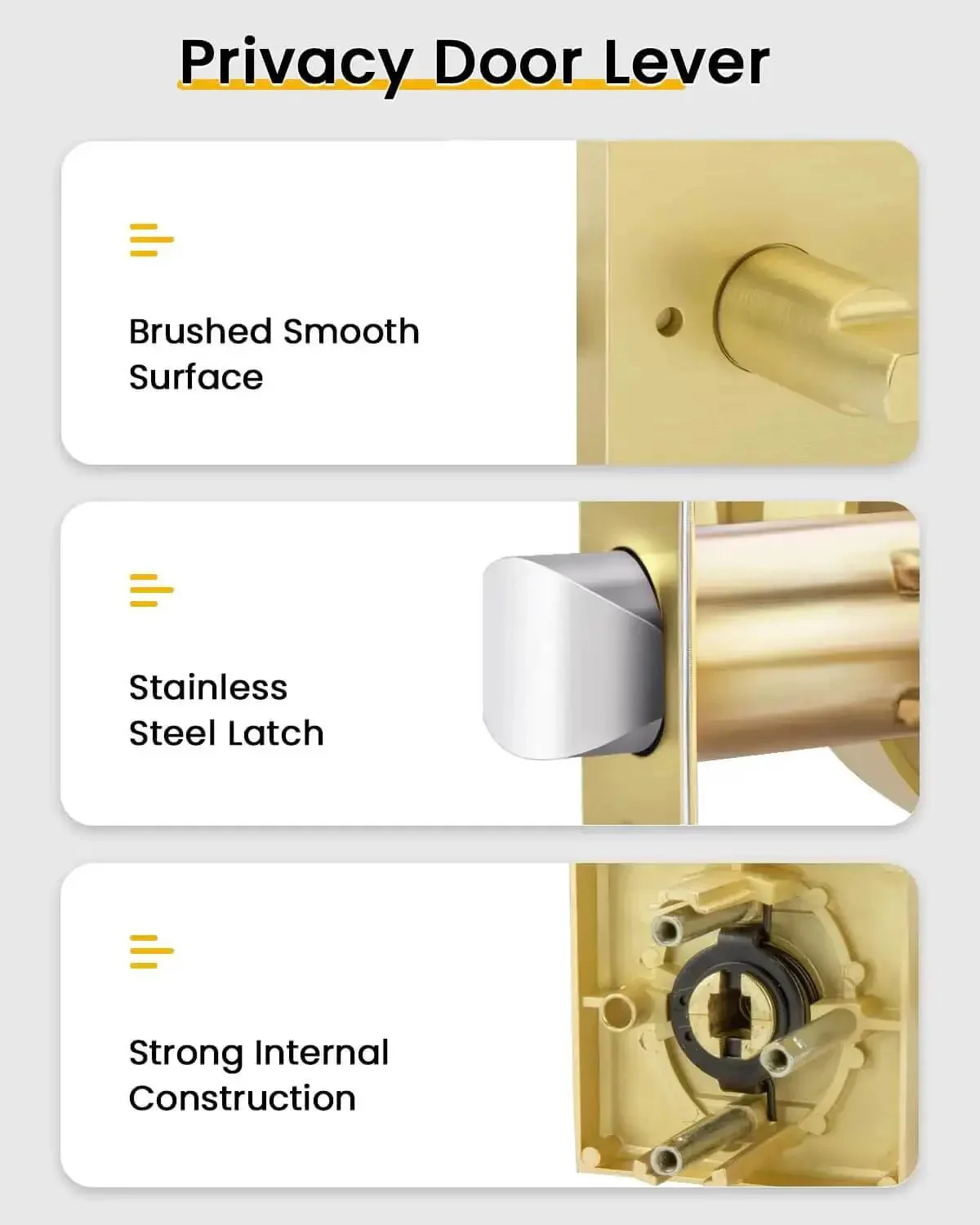 Gold Interior Door Handles Set for Bedroom and Bathroom, Zinc Alloy Heavy Duty Brushed Gold Privacy Levers, Sleek Modern Square Design with Keyless Push Button Lock and Emergency Release, 6 Pack - Image 4