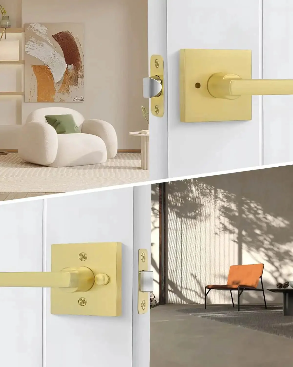 Gold Interior Door Handles Set for Bedroom and Bathroom, Zinc Alloy Heavy Duty Brushed Gold Privacy Levers, Sleek Modern Square Design with Keyless Push Button Lock and Emergency Release, 6 Pack - Image 5