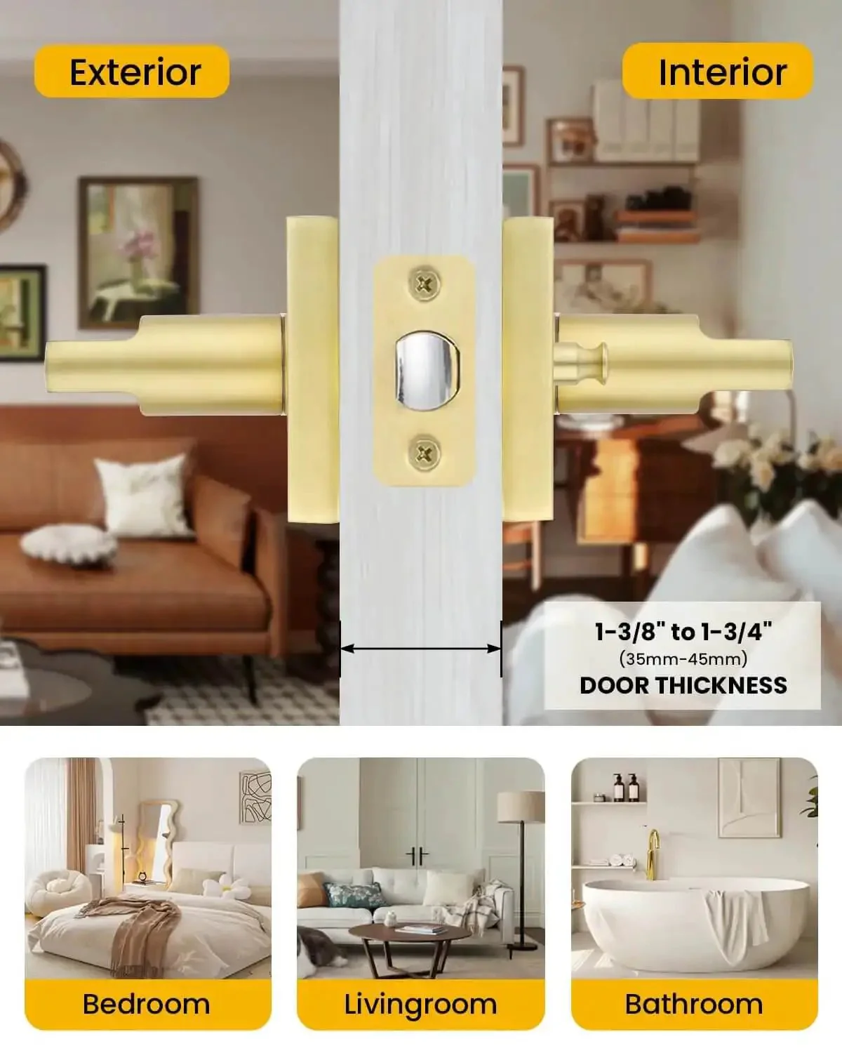 Gold Interior Door Handles Set for Bedroom and Bathroom, Zinc Alloy Heavy Duty Brushed Gold Privacy Levers, Sleek Modern Square Design with Keyless Push Button Lock and Emergency Release, 6 Pack - Image 6