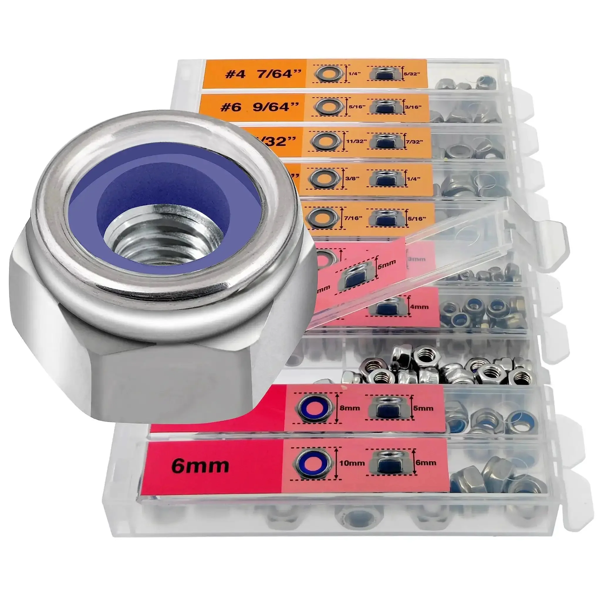 Gotta Have This Nylon Insert Lock Nut Kit With 180 Pieces Dual Scale Metric And Imperial Nuts In Stainless Steel 304 From 2mm To 6mm And Seven Sixty Fourth To One Quarter Inch Transparent Case With Individual Compartments