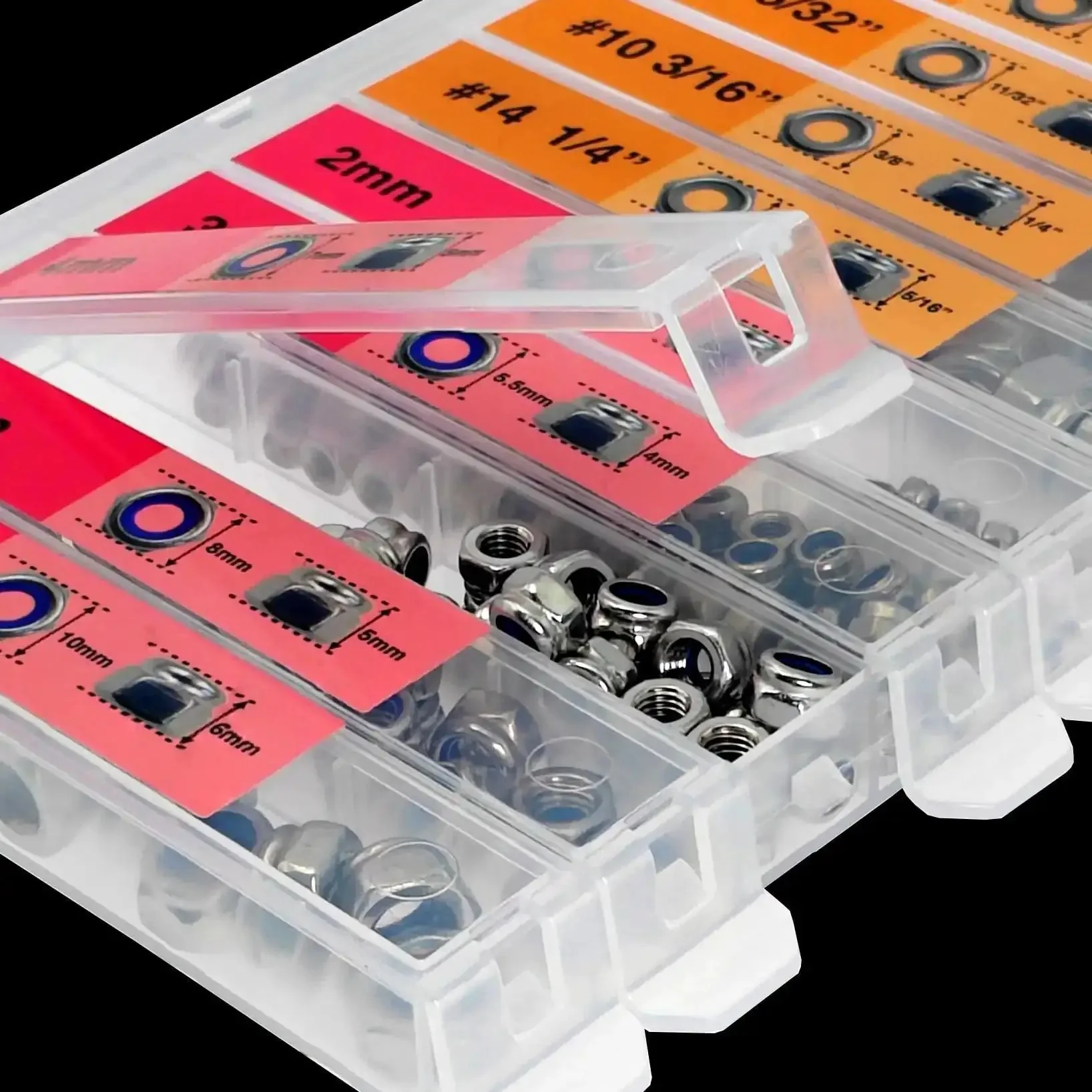 Gotta Have This Nylon Insert Lock Nut Kit With 180 Pieces Dual Scale Metric And Imperial Nuts In Stainless Steel 304 From 2mm To 6mm And Seven Sixty Fourth To One Quarter Inch Transparent Case With Individual Compartments - Image 3