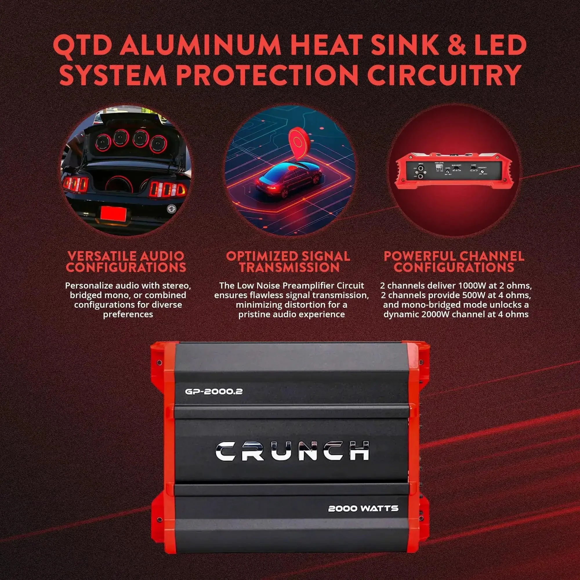 GP2000 2000W 2 Channel Car Amplifier With Beefy Bridged Mono 4 Ohms, Stereo And Bridged Modes, 2x1000W At 2 Ohms, 2x500W At 4 Ohms, 12 dB Per Octave Crossover, Black - Image 8