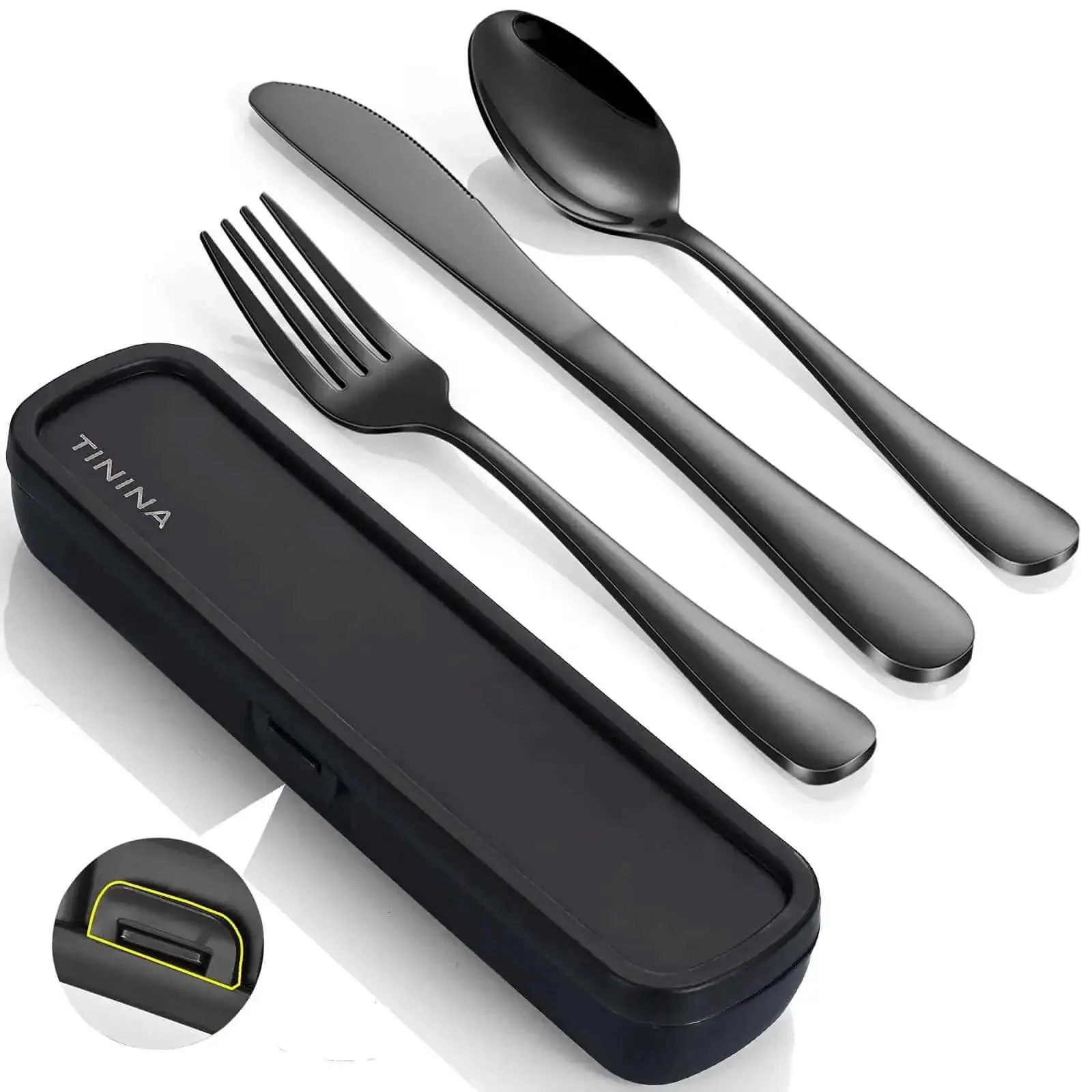 Grab And Go 4 Piece Stainless Steel Travel Utensils Set With Reinforced Buckle Case, Portable Cutlery For Camping Work Or School, Includes Fork Knife Spoon, Dishwasher Safe, Black