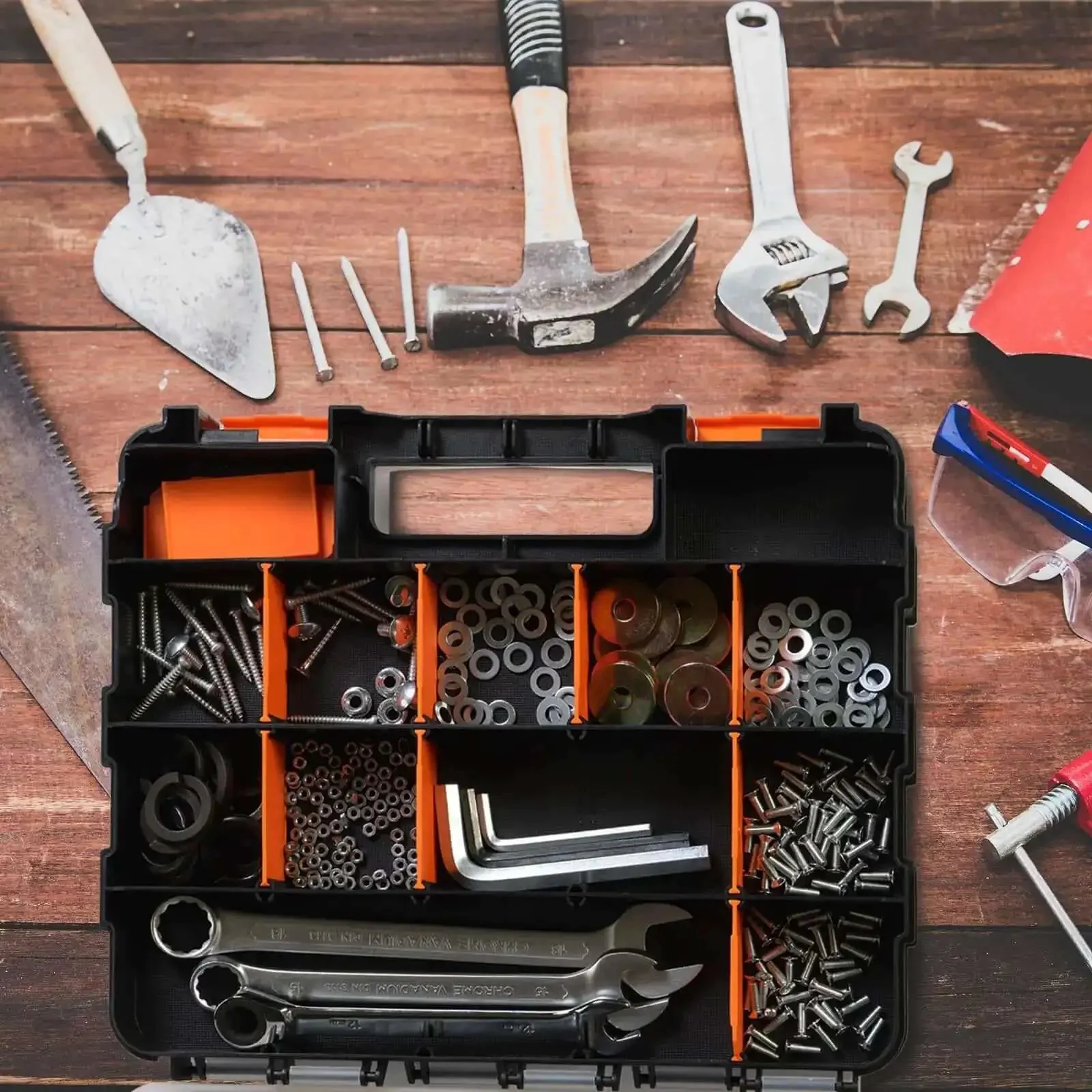 Grab And Go Double Sided Tool And Hardware Storage Box With Removable Dividers Portable Small Parts Organizer For Tools Hardware And Jewelry 34 Compartments Heavy Duty Plastic Black And Orange - Image 2