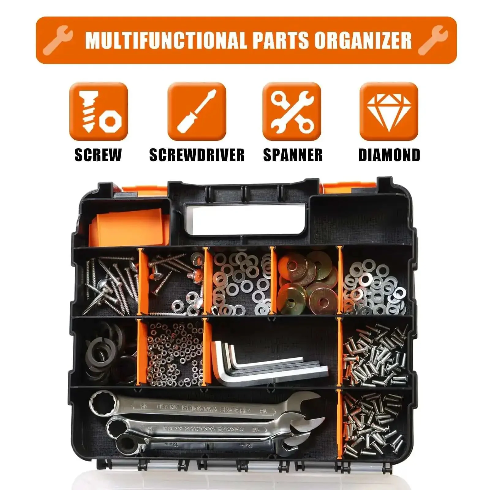 Grab And Go Double Sided Tool And Hardware Storage Box With Removable Dividers Portable Small Parts Organizer For Tools Hardware And Jewelry 34 Compartments Heavy Duty Plastic Black And Orange - Image 4